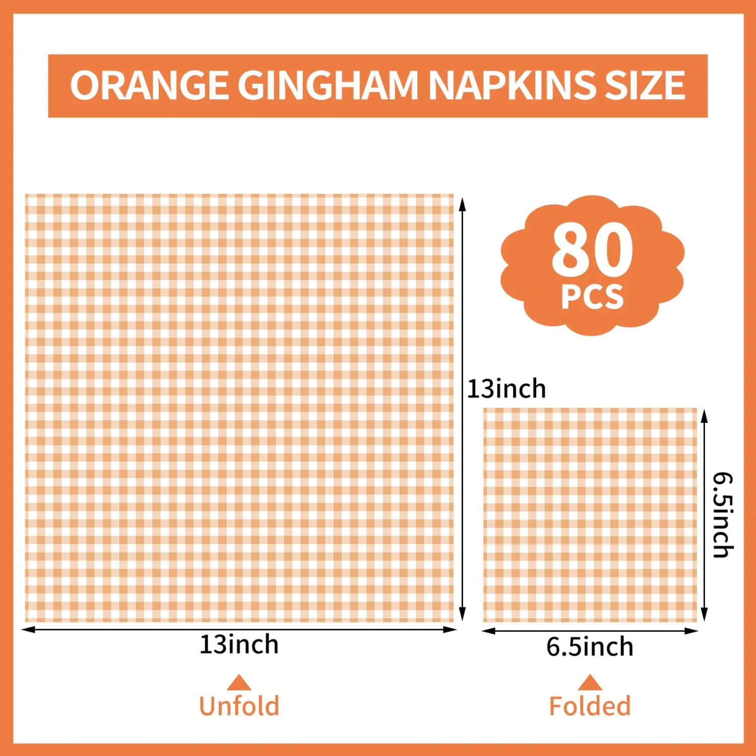 80 Pcs Orange Gingham Napkins, 6.5X6.5 Inch Fall Thanksgiving Napkins Disposable Autumn Dessert Beverage Napkin Orange and White Checkered Napkin for Autumn Harvest, Thanksgiving, Birthday