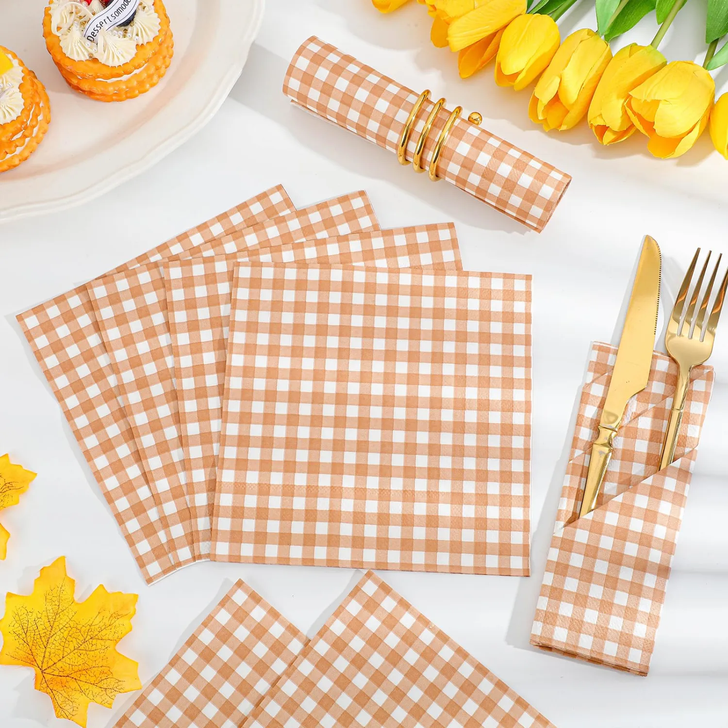 80 Pcs Orange Gingham Napkins, 6.5X6.5 Inch Fall Thanksgiving Napkins Disposable Autumn Dessert Beverage Napkin Orange and White Checkered Napkin for Autumn Harvest, Thanksgiving, Birthday
