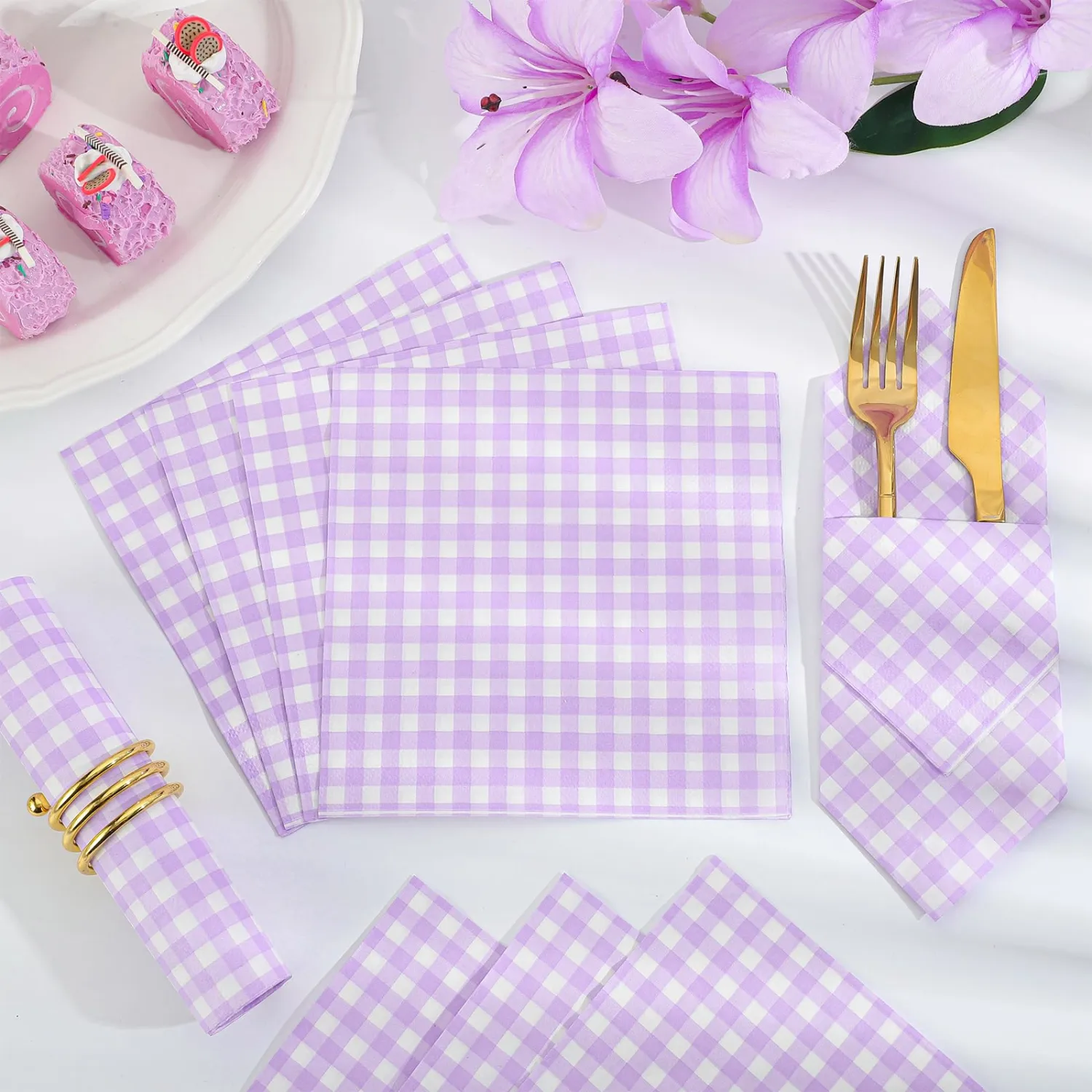 80 Pcs Purple Gingham Napkins, 6.5X6.5 Inch Easter Napkins Purple and White Checkered Napkin Lavender Plaid Napkin Gingham Party Supplies for Baby & Bridal Shower, Wedding, Picnic