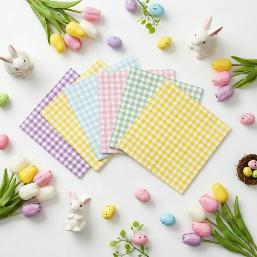 80 Pcs Gingham Napkins, 6.5X6.5 Inch Easter Paper Napkins Disposable Yellow and White Plaid Napkin for Spring, Masters Party, Picnic