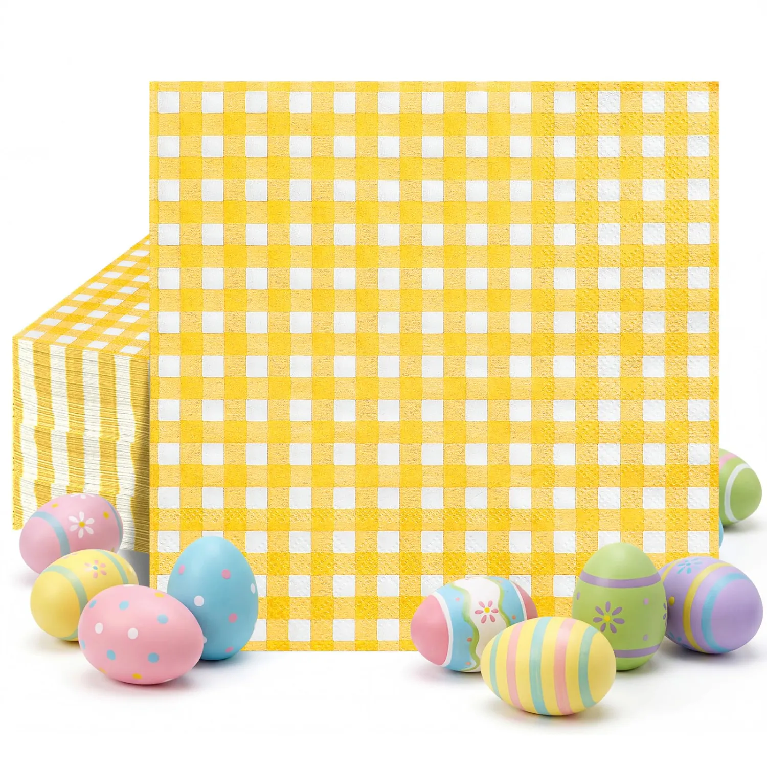 80 Pcs Gingham Napkins, 6.5X6.5 Inch Easter Paper Napkins Disposable Yellow and White Plaid Napkin for Spring, Masters Party, Picnic