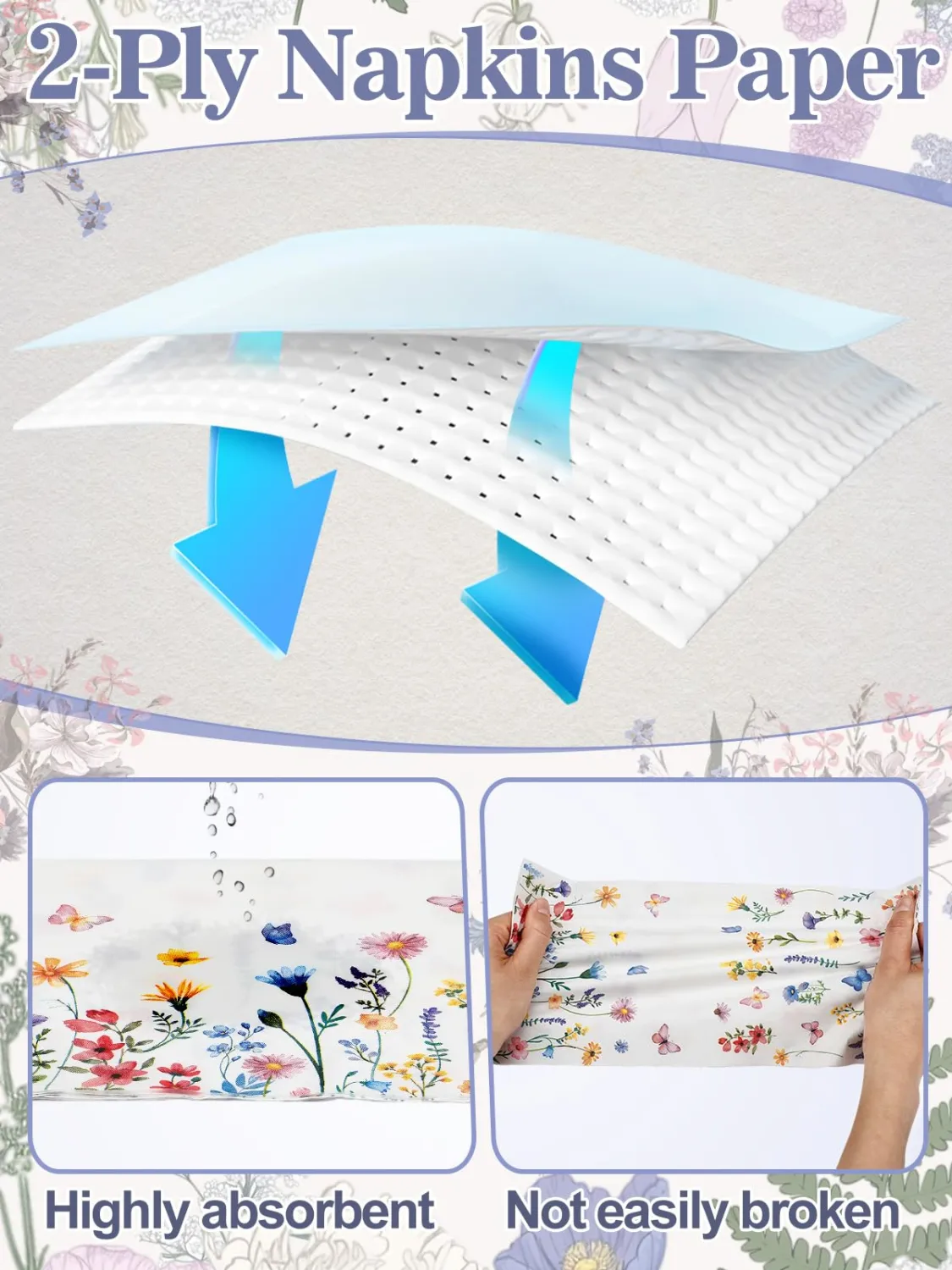 100pcs Spring Floral Paper Napkins Disposable - 6.5“x 6.5” Soft Hand Towels for Guest Bathroom, Elegant Decorative Napkins for Birthday Wedding Spring Party Baby Shower (Small Floral)