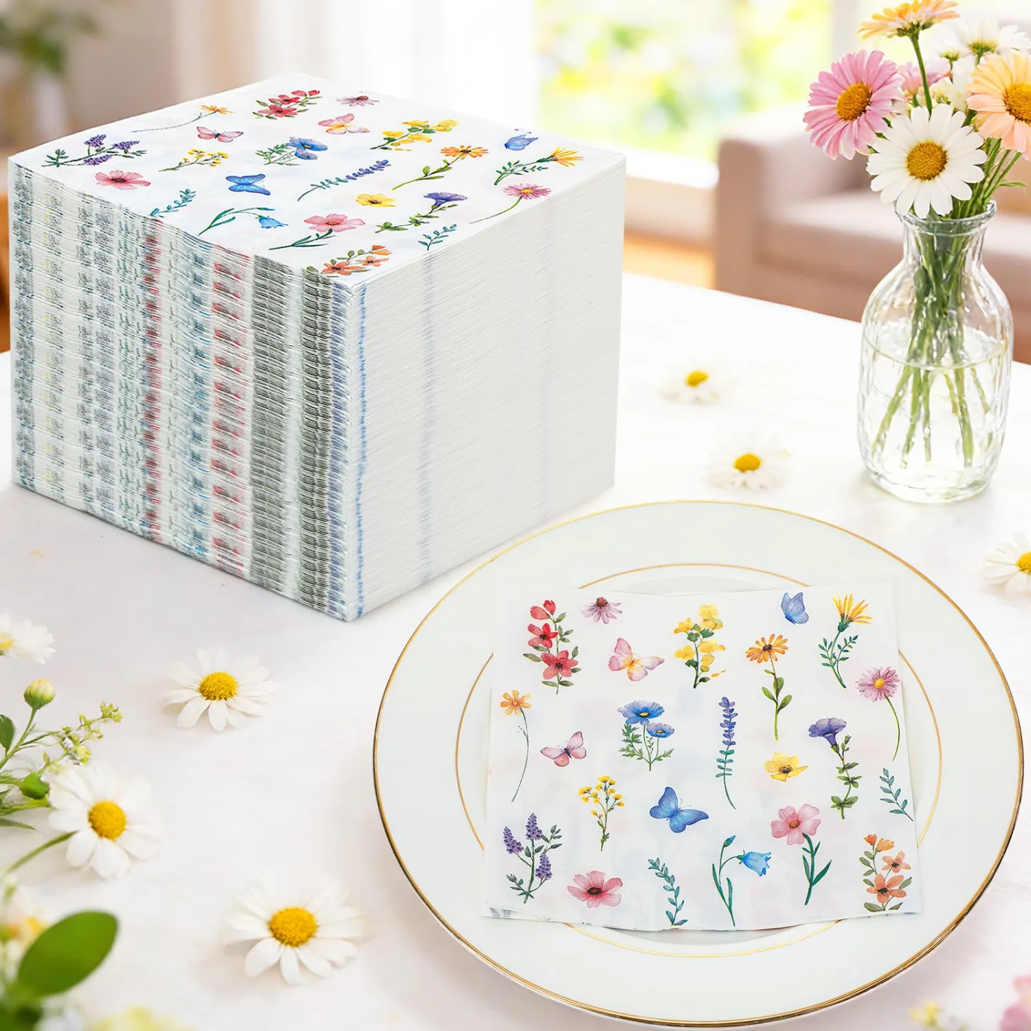 100pcs Spring Floral Paper Napkins Disposable - 6.5“x 6.5” Soft Hand Towels for Guest Bathroom, Elegant Decorative Napkins for Birthday Wedding Spring Party Baby Shower (Small Floral)