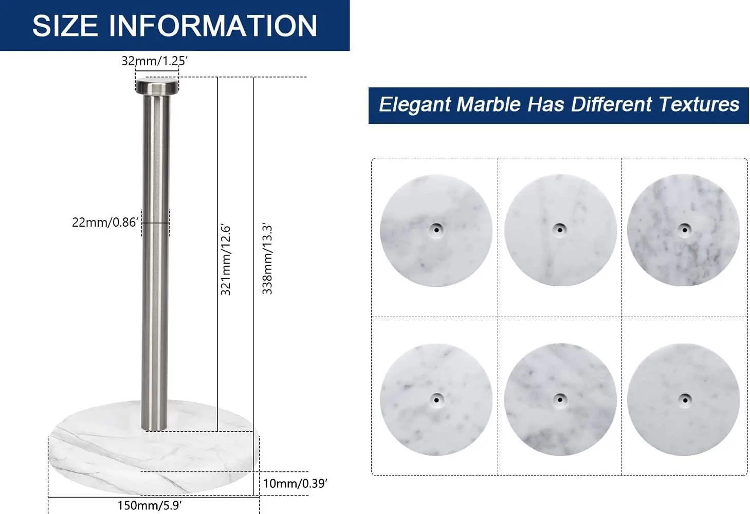 NearMoon Standing Paper Towel Holder, Kitchen Paper Towel Tissue Holder- for Bathroom Kitchen Countertop, Standard or Jumbo-Sized Roll Paper (with Marble Base, Brushed Nickel)