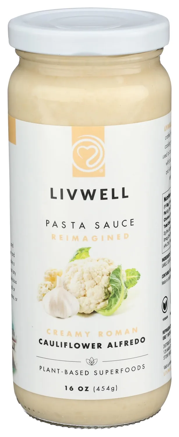 LIVWELL Dairy-Free Cauliflower Pasta Sauce – Plant Based Vegan Alfredo Pasta Sauce with Cauliflower, Roasted Garlic & Cashews, Nutrient Rich, Non GMO & Gluten Free (1 Jar)