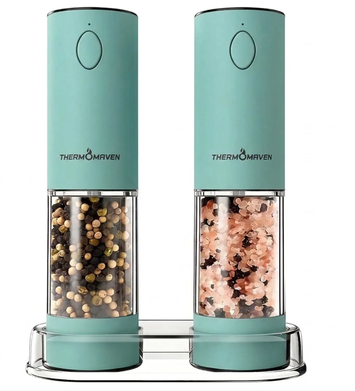 ThermoMaven Electric Salt and Pepper Grinder Set, 110ml Larger Rechargeable Automatic Salt and Pepper Mill Grinder with 6 Adjustable Coarseness, Electric Salt and Pepper Shakers, LED, Mint Green