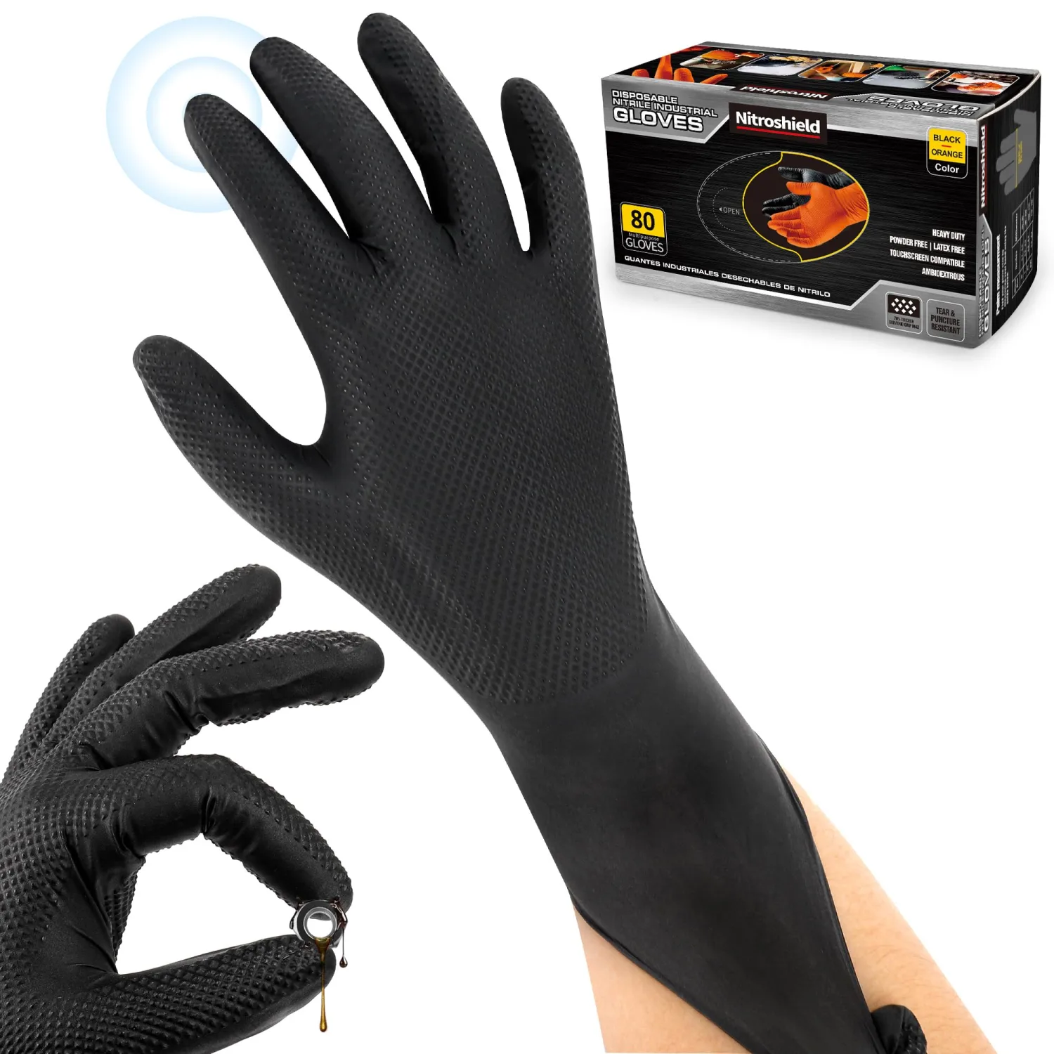 NITROSHIELD 9mil Heavy Duty Disposable Nitrile Gloves, Black XLarge 80Pcs -Chemical Resistant, Latex Powder Free Rubber Gloves Diamond Texture for Automotive, Mechanics, Cooking,BBQ, Industrial Use