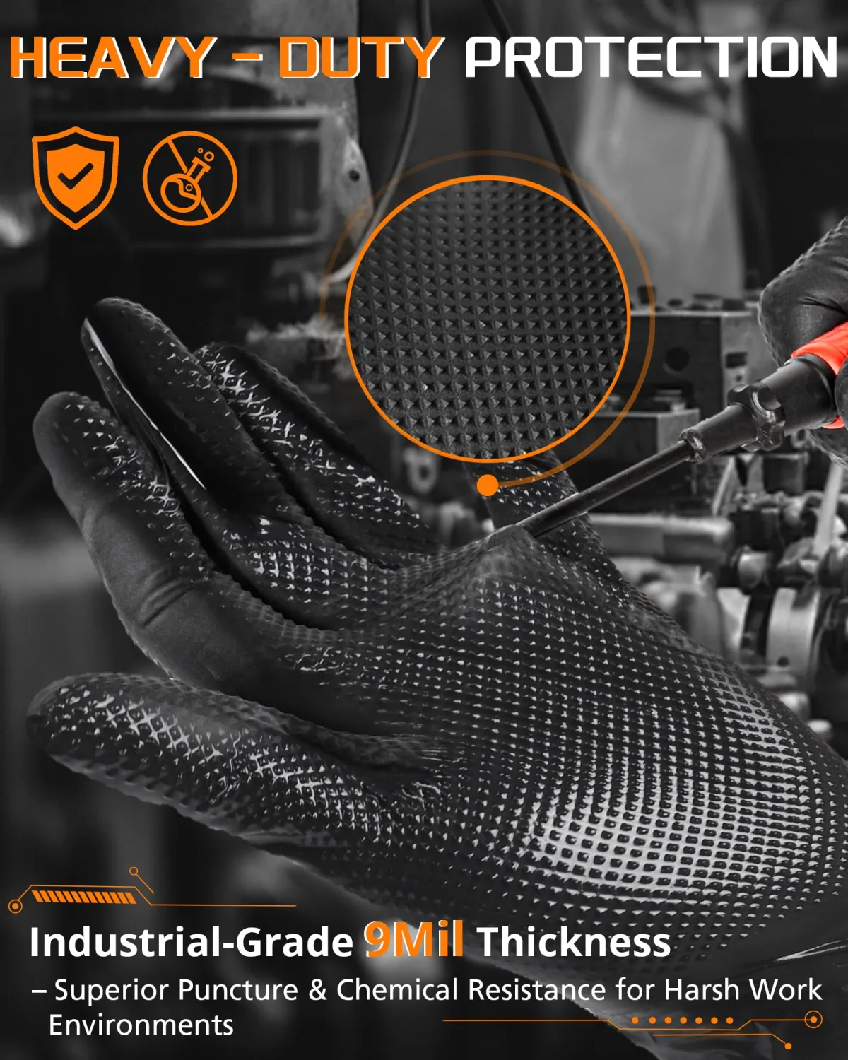 NITROSHIELD 9mil Heavy Duty Disposable Nitrile Gloves, Black XLarge 80Pcs -Chemical Resistant, Latex Powder Free Rubber Gloves Diamond Texture for Automotive, Mechanics, Cooking,BBQ, Industrial Use