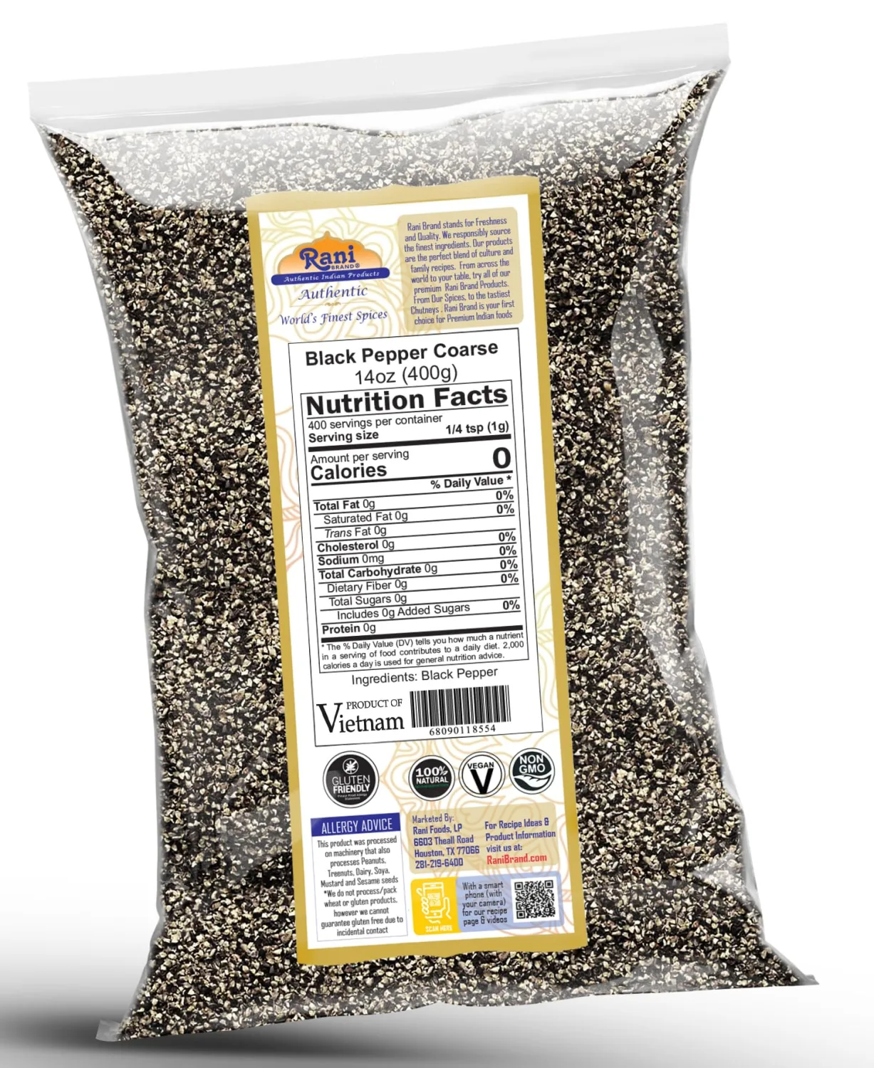 Rani Black Pepper Coarse Ground 28 Mesh (Table Grind) 14oz (400g) ~ All Natural | Vegan | Gluten Friendly | NON-GMO | Kosher | Product of Vietnam