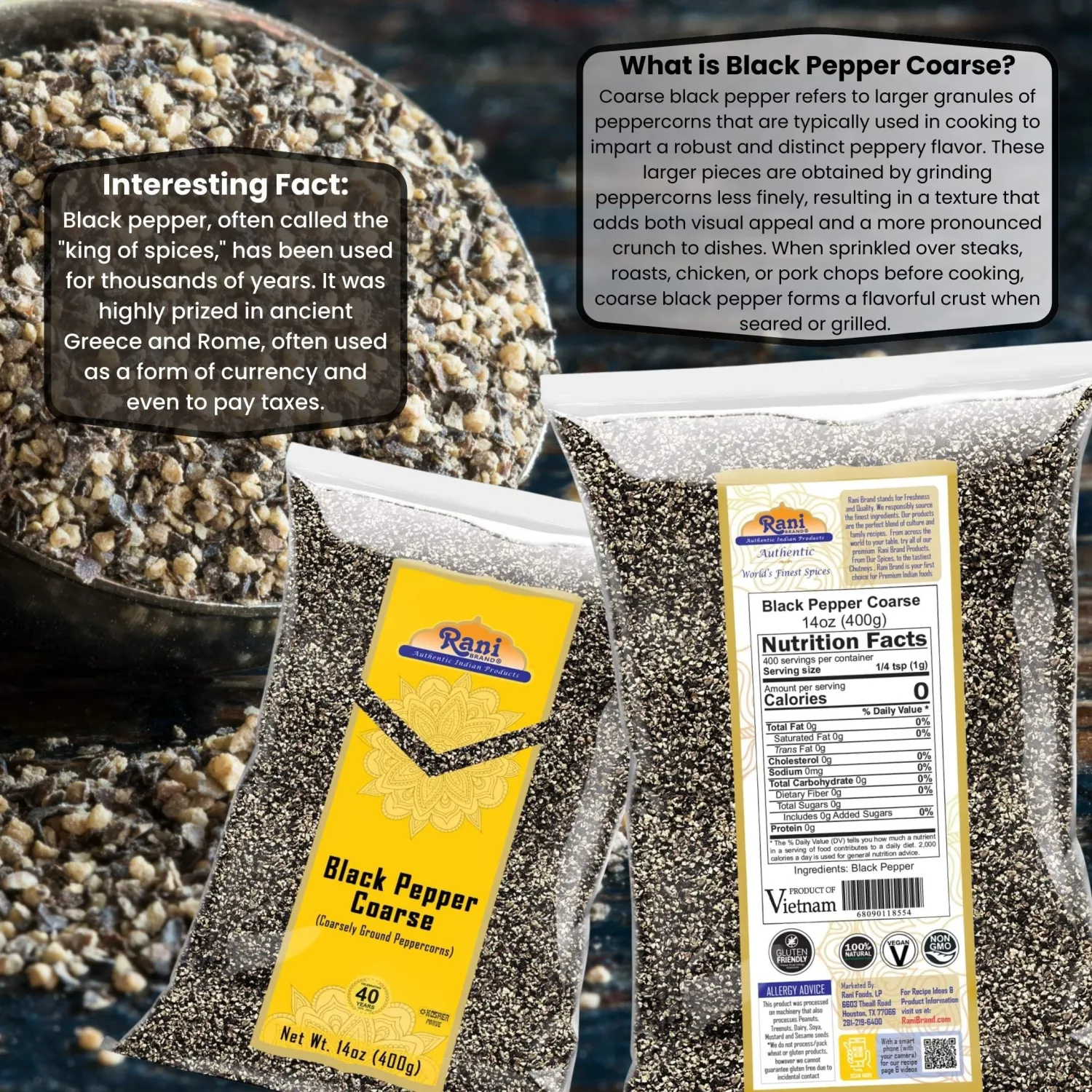 Rani Black Pepper Coarse Ground 28 Mesh (Table Grind) 14oz (400g) ~ All Natural | Vegan | Gluten Friendly | NON-GMO | Kosher | Product of Vietnam