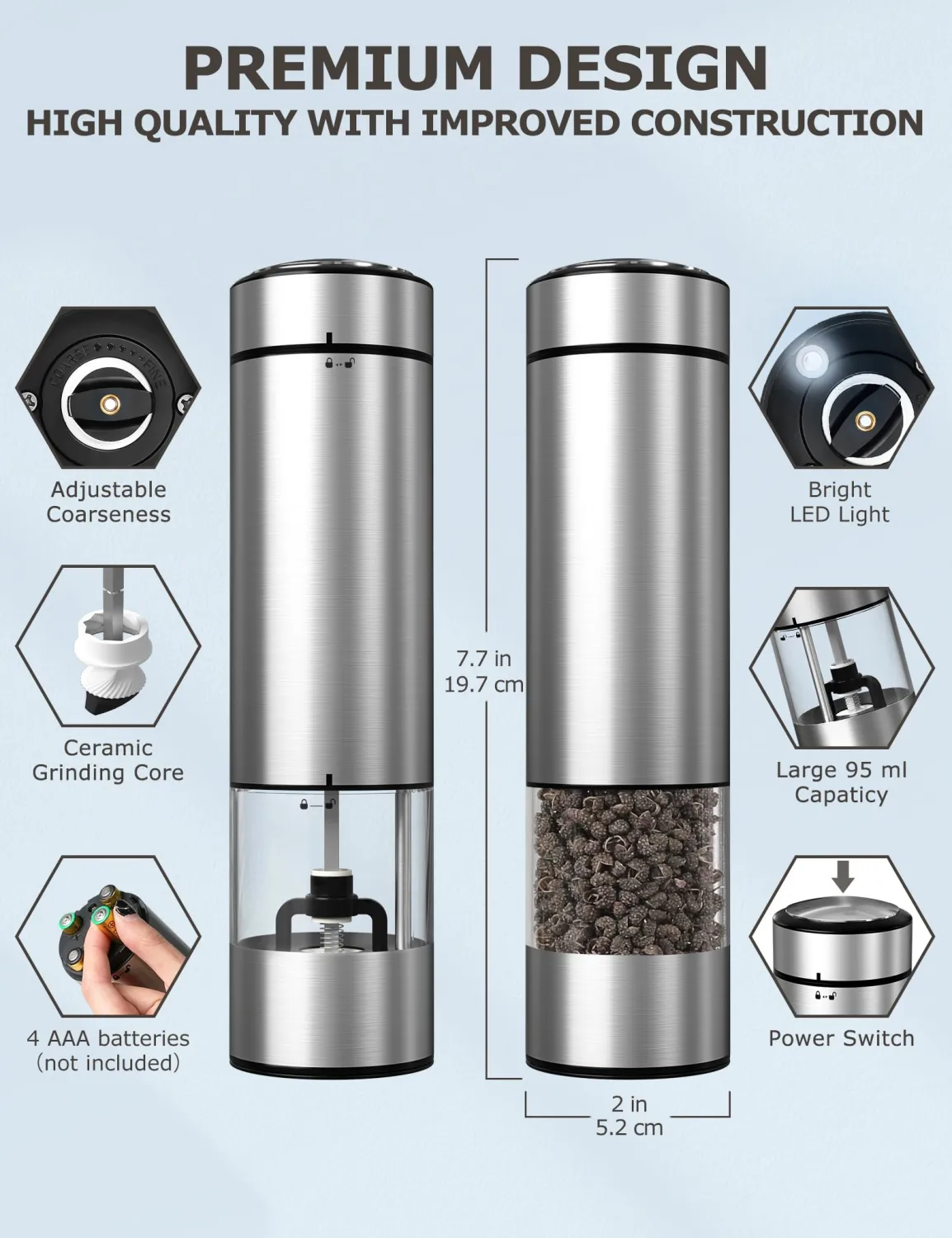 innhom Electric Salt Grinder Pepper Grinder Battery Operated Stainless Steel Pepper Mill Automatic Salt and Pepper Grinder with Adjustable Coarseness, 1 Pack