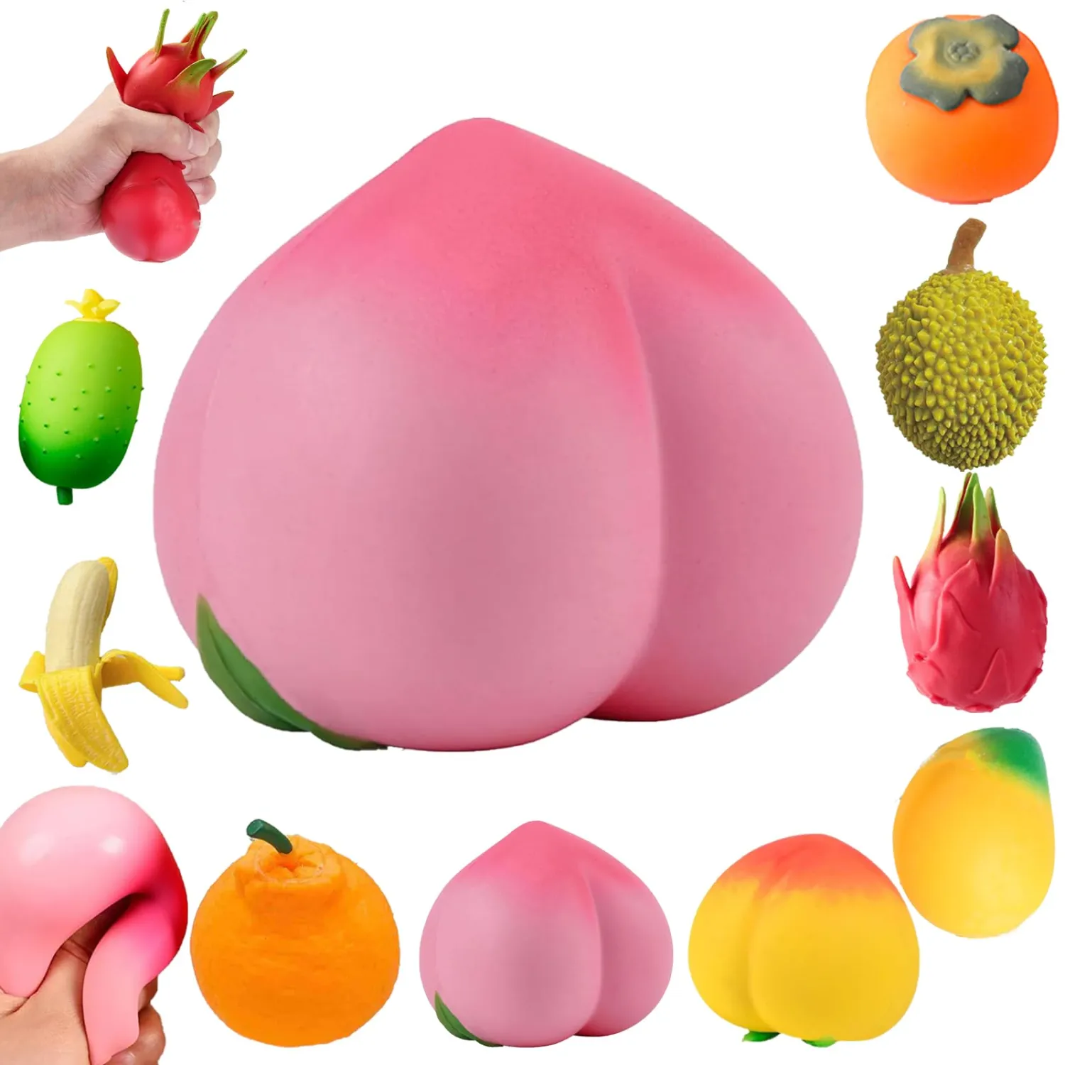 Peach Squishy, Dragon Fruit Squishy, Cucumber/Orange/Durian/Mango/Persimmon/Banana Fruit Squishy Toys Set, Soft Slow Rising Squeeze Stress Relief Fidget Toys (Peach A)