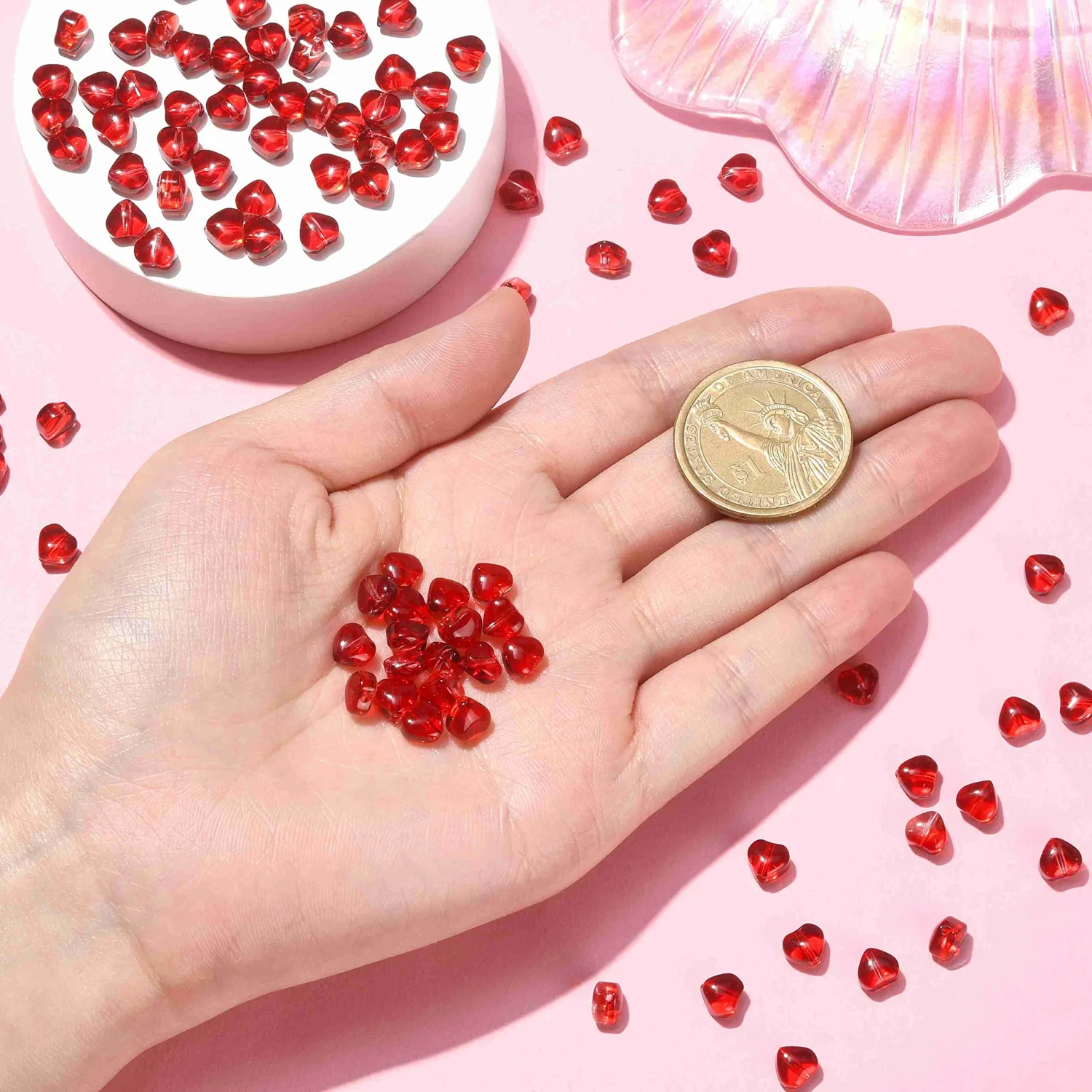 Ipotkitt 100 Pcs Handmade Lampwork Glass Heart Shaped Beads - Red Heart Spacer Loose Beads for Valentine's Day Jewelry DIY Craft Making