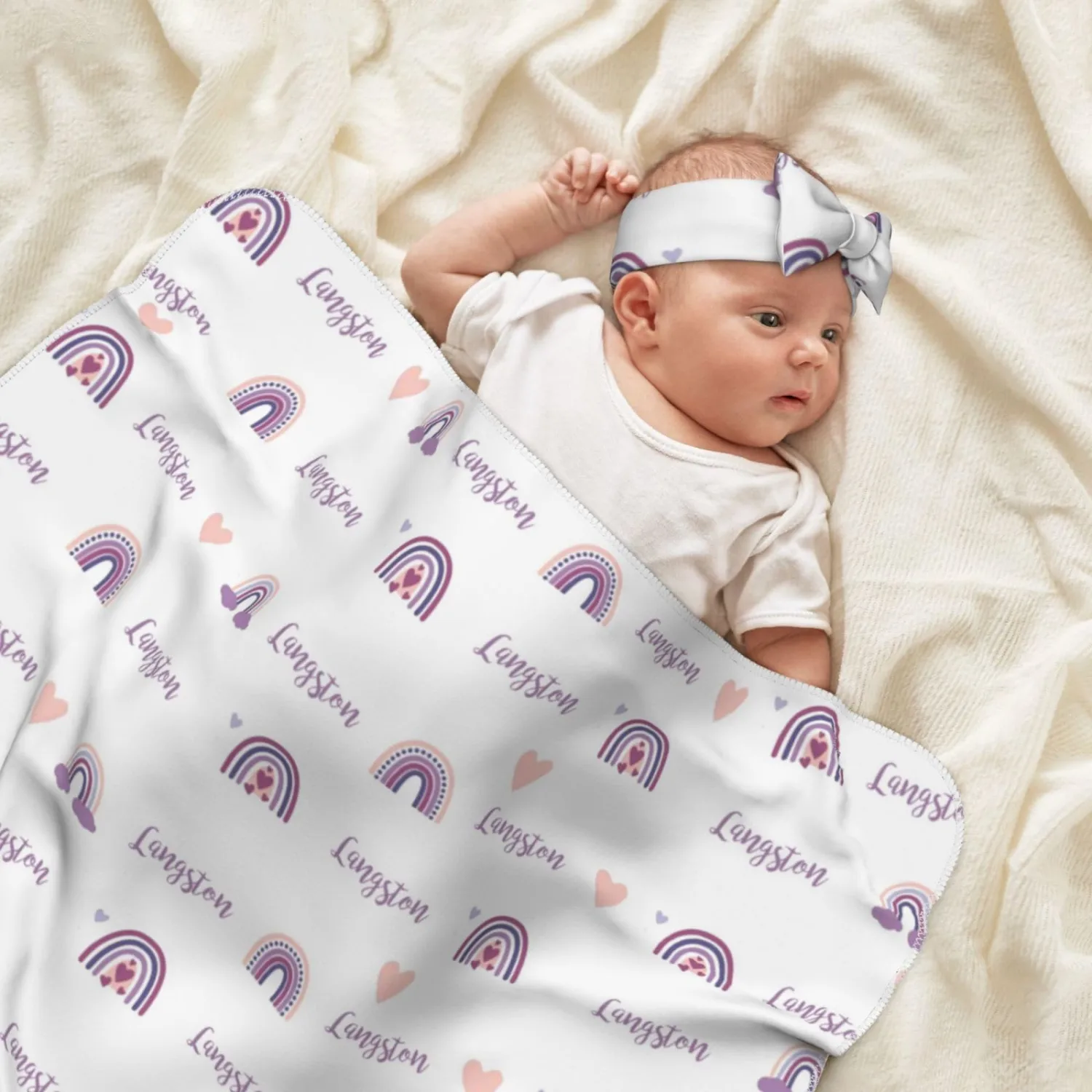 Personalized Baby Boy Swaddle Blanket, Personalized Baby Girl Blanket, Custom Baby Gifts, Newborn Swaddle Wrap (Rainbow)
