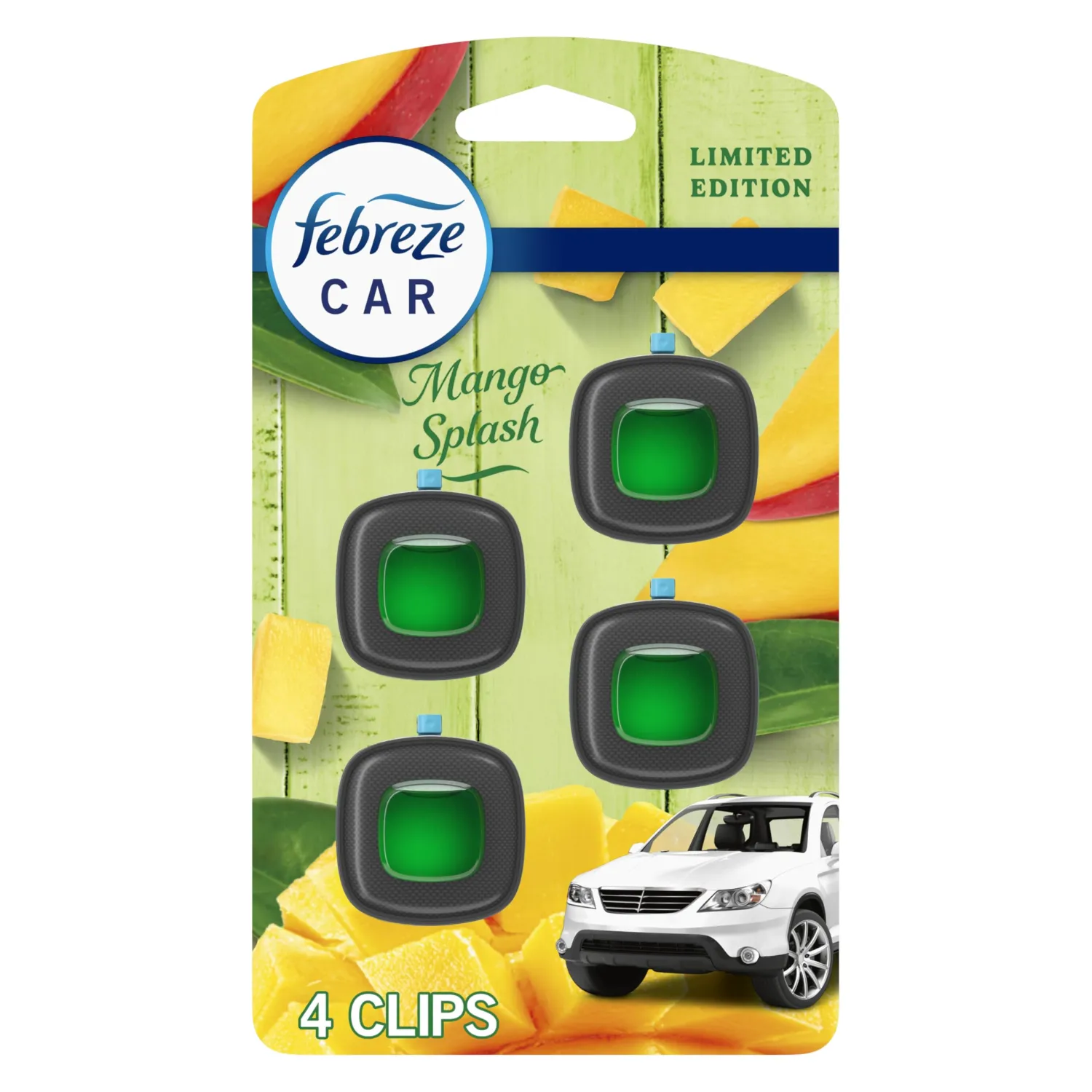 Febreze Car Air Freshener Vent Clip Multipack Mango Splash Scent, Long Lasting Smell Fighter for Strong Odors Car Febreze Clip Automotive Vent Air Freshener 4 Count