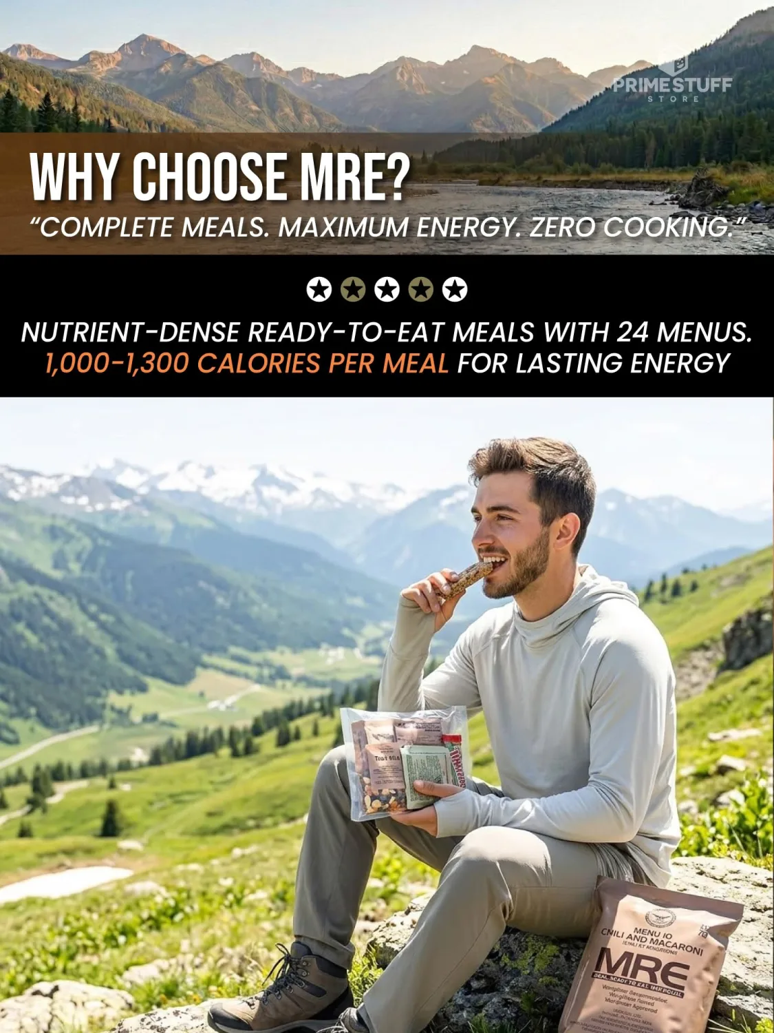 MRE Meals Ready to Eat – Military Survival Food Kit for Camping, Hiking, Hunting, Fishing, Outdoor Adventure & Emergency Preparedness – Complete Meal Rations with Flameless Heater, Long Shelf Life (Inspection Date 2026), Random Menu 1 Pack