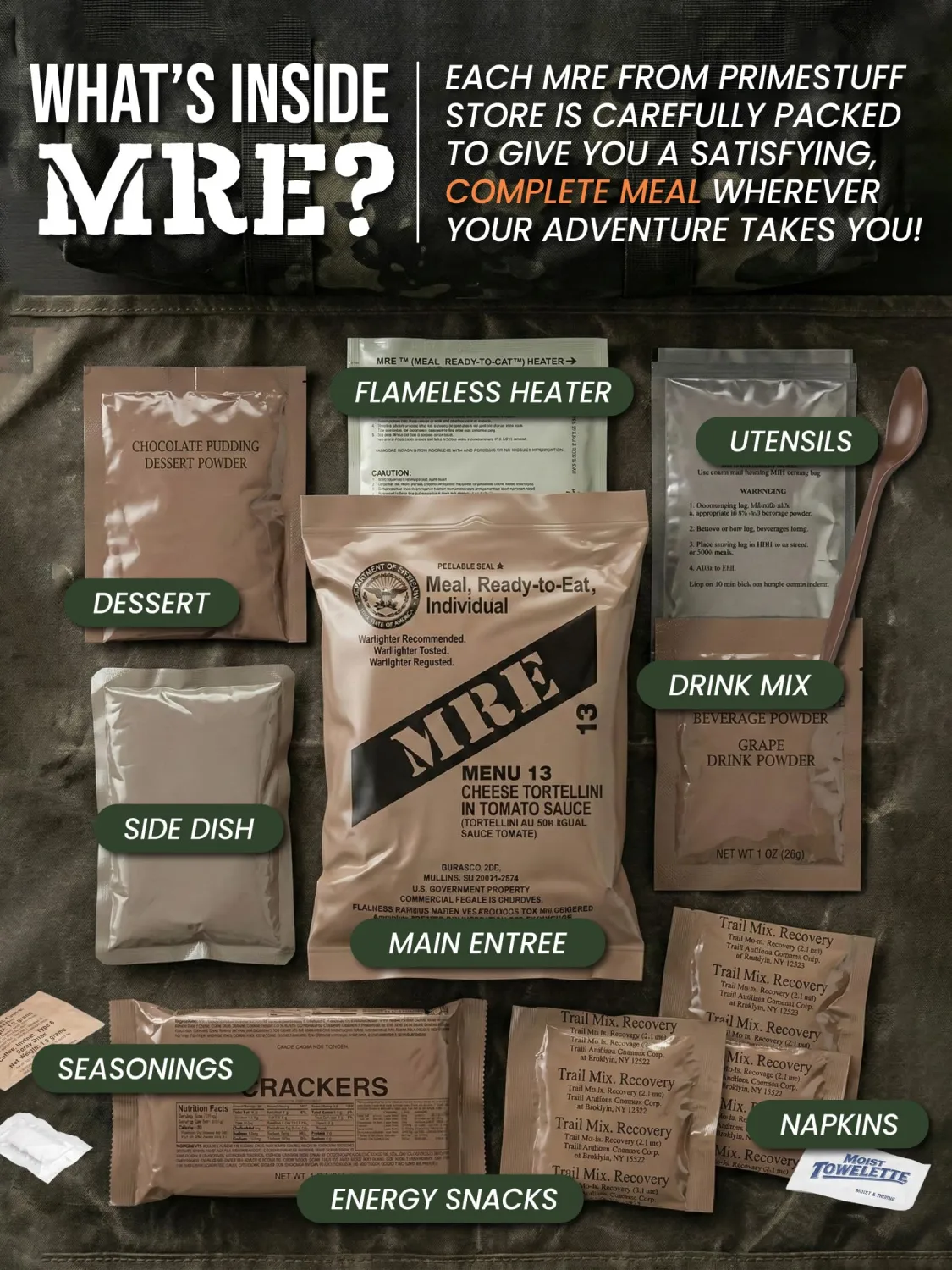 MRE Meals Ready to Eat – Military Survival Food Kit for Camping, Hiking, Hunting, Fishing, Outdoor Adventure & Emergency Preparedness – Complete Meal Rations with Flameless Heater, Long Shelf Life (Inspection Date 2026), Random Menu 1 Pack