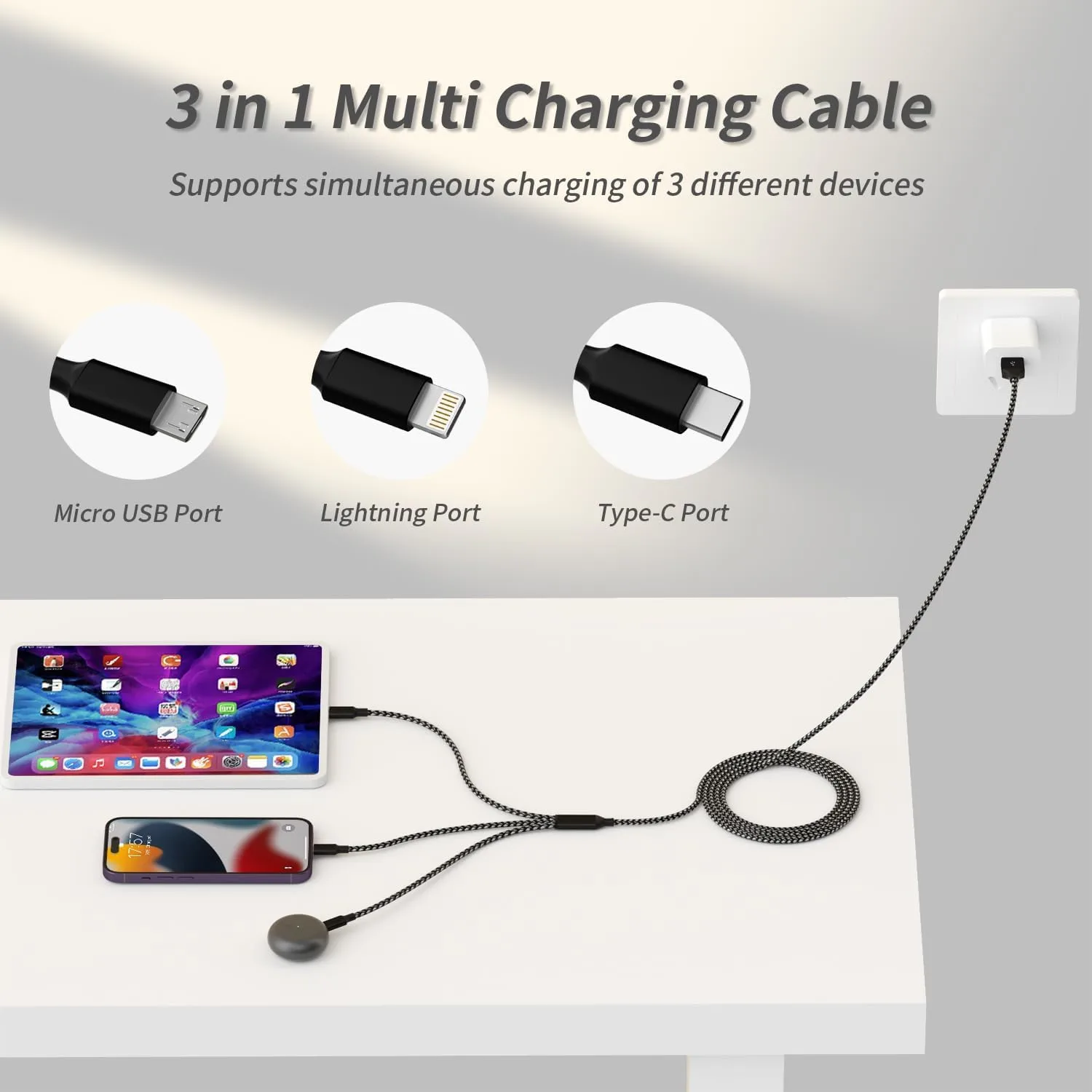 IDISON Multi Charging Cable(2Pack 4FT), 3 in 1 USB Charging Cable for Multiple Devices, Braided Universal Phone Charger Cord with Type-C, Micro USB, IP Port for iPhone17/16/14/Android Phones and More