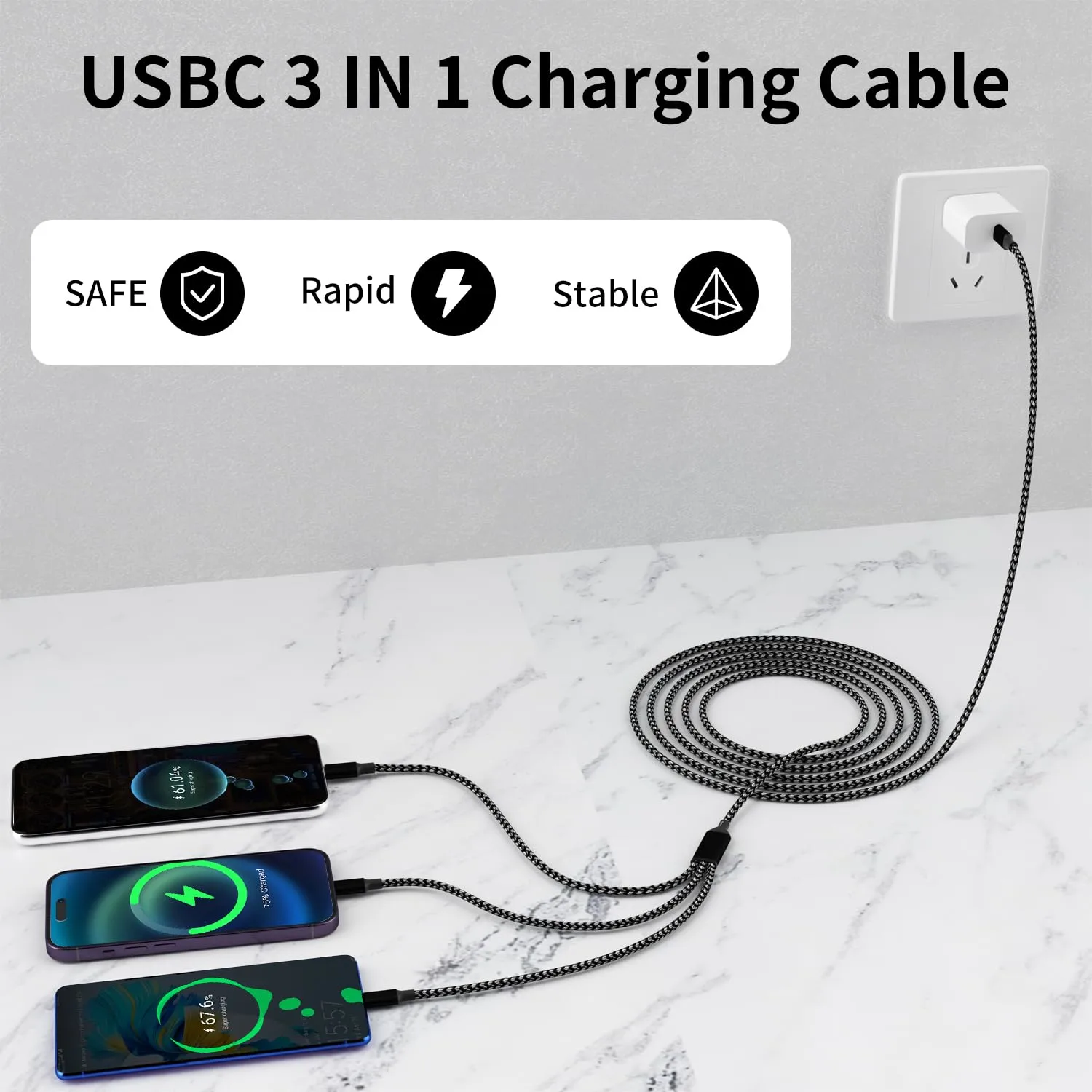 IDISON USB C Multi Charging Cable [2Pack 4FT], 3 in 1 Charging Cable Nylon Braided USB-C Multiple Charger Cord with Type-C, Micro USB and IP Port for iPhone 17/16/15 Series/Cell Phones and More