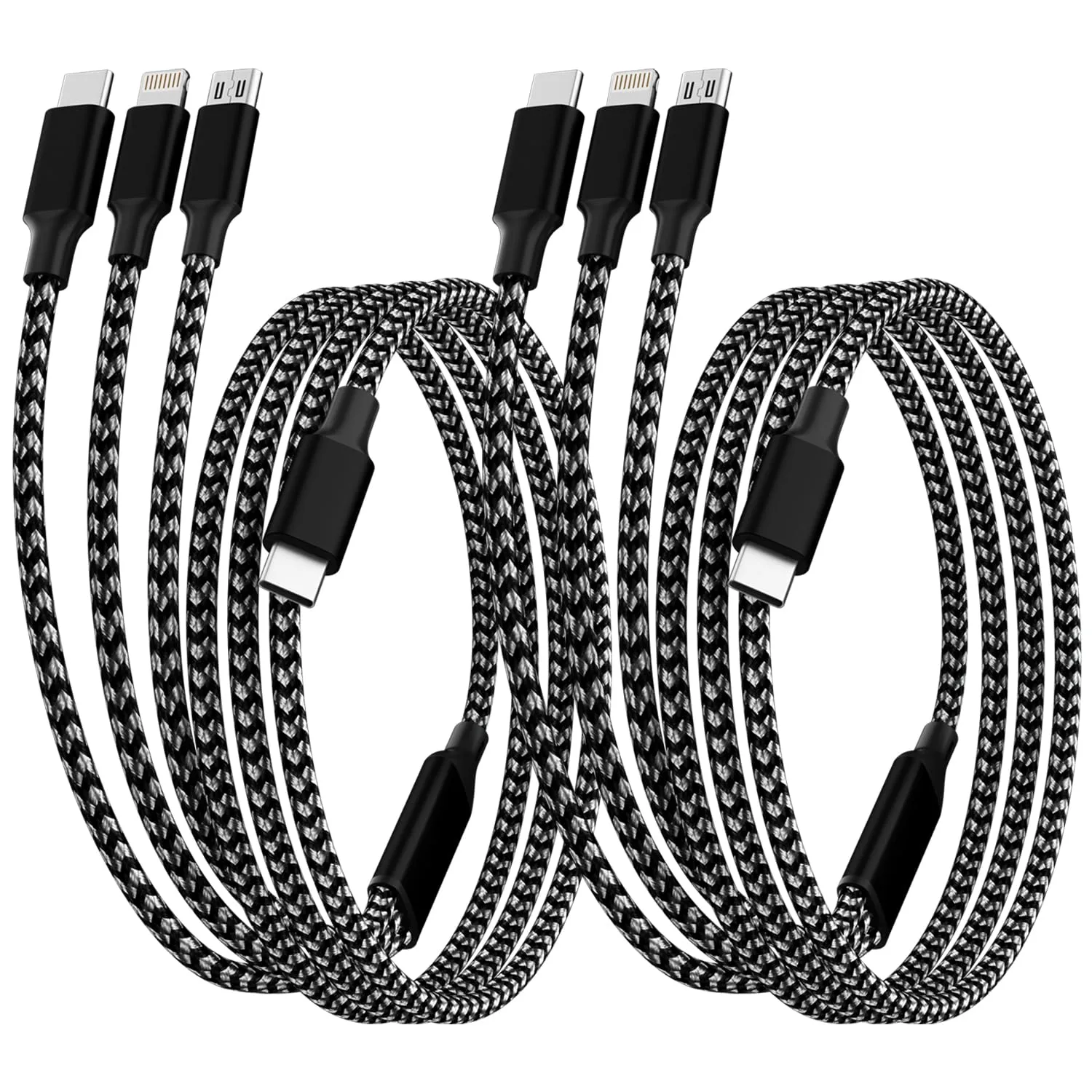 IDISON USB C Multi Charging Cable [2Pack 4FT], 3 in 1 Charging Cable Nylon Braided USB-C Multiple Charger Cord with Type-C, Micro USB and IP Port for iPhone 17/16/15 Series/Cell Phones and More