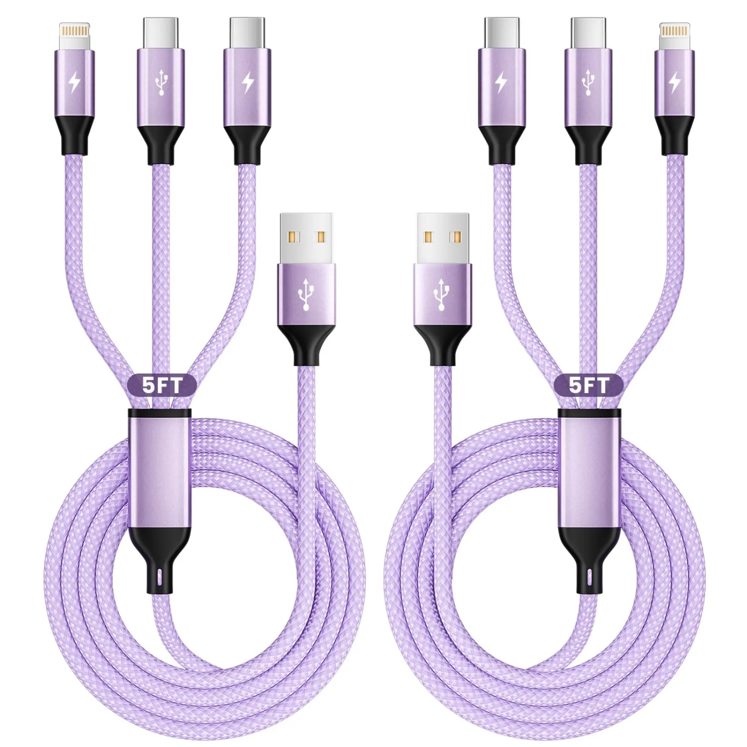 2Packs 4FT Multi Charging Cable with 2 USB-C/IP Port, Purple Charging Cords for Multiple Devices, USB C Splitter Cable, Universal Charger Cord Car Accessories for iPhone17-8, Androids iPad and More