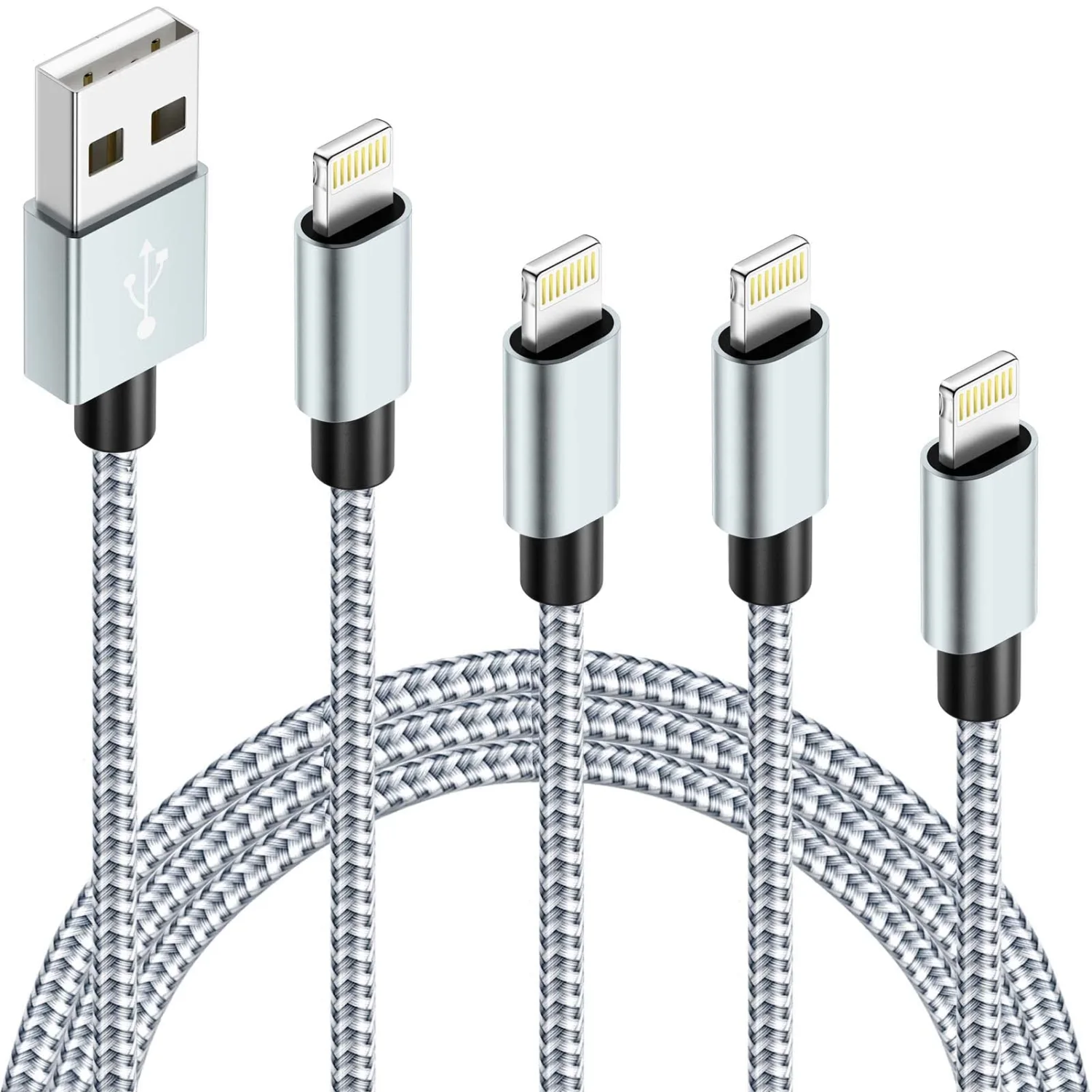 MFi Certified iPhone Charger, 4Packs(3/6/6/10FT) USB iPhone Charging Cable Nylon Braided Fast Charging Cord Compatible for iPhones/Pad(Gray +White)