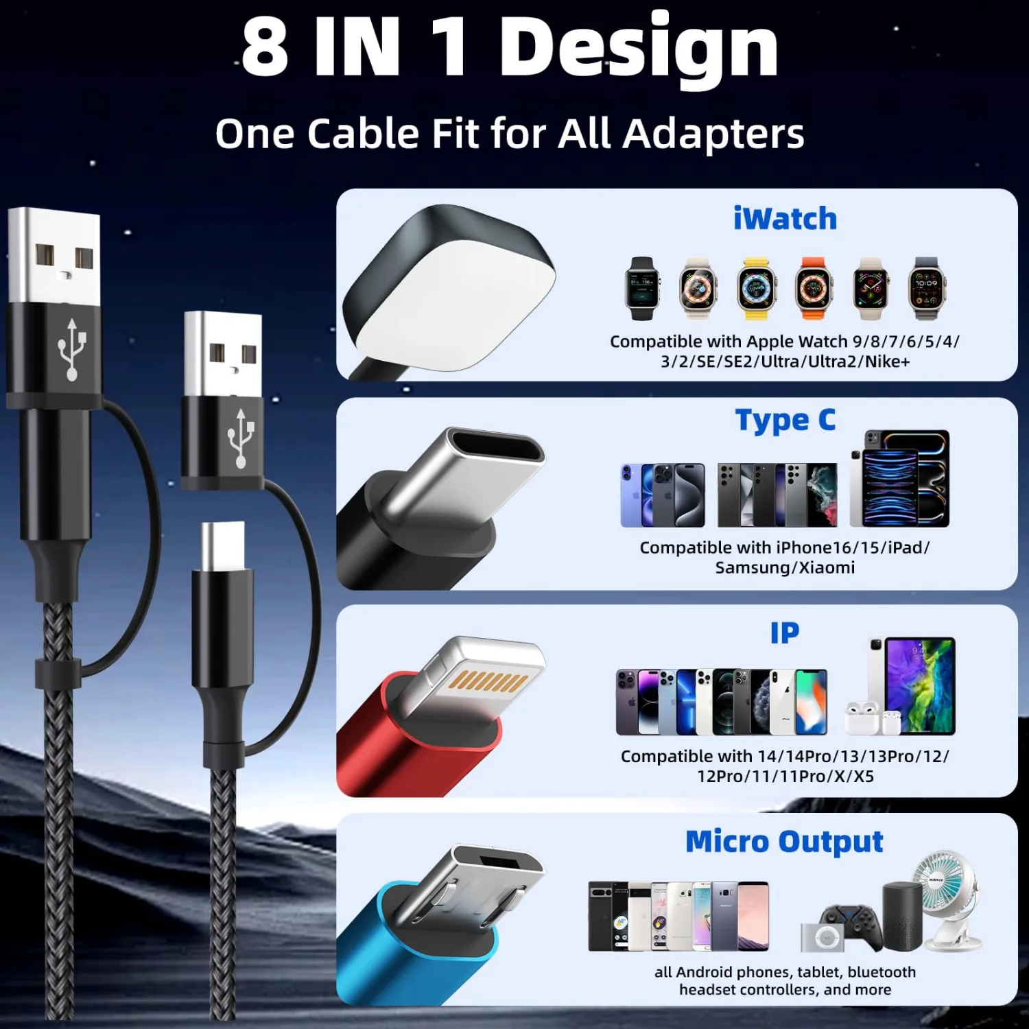Cruise Essentials 4 in 2 Charging Cable for iPhone Watch Charger/iPhone 17/IP/Micro, Travel Multi Charging Cable Cord Compatible for iWatch Ultra/SE/10-1, iPhone16-6, Android, Car Accessories