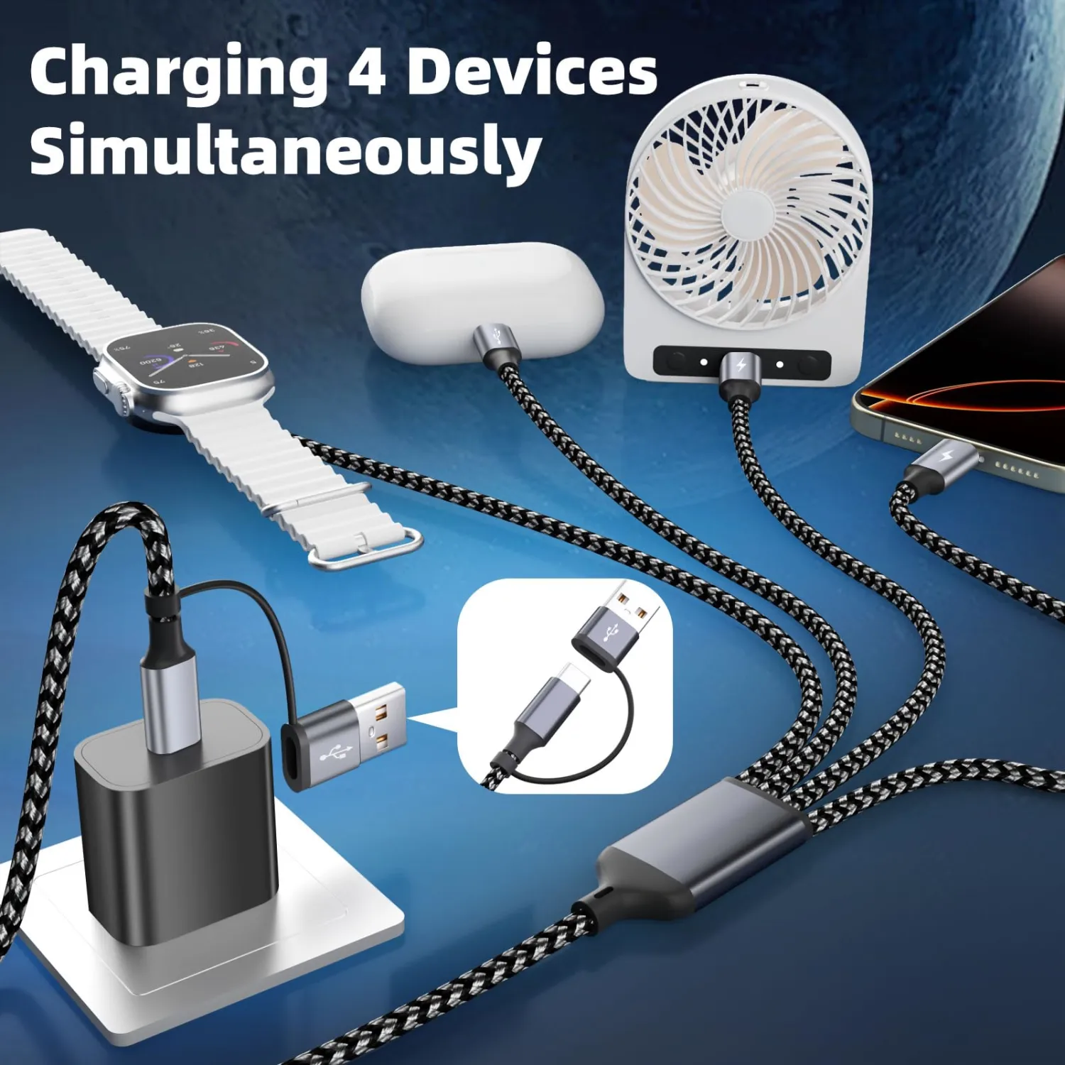 4 in 2 Charging Cable for Phone Watch Charger with 3 Type-C Ports, Travel Essentials USB C Splitter Multi Charging Cable/Cord for iWatch Ultra/SE/11-1, iPhone17 16 15 14, Android, More -1Pack 5FT