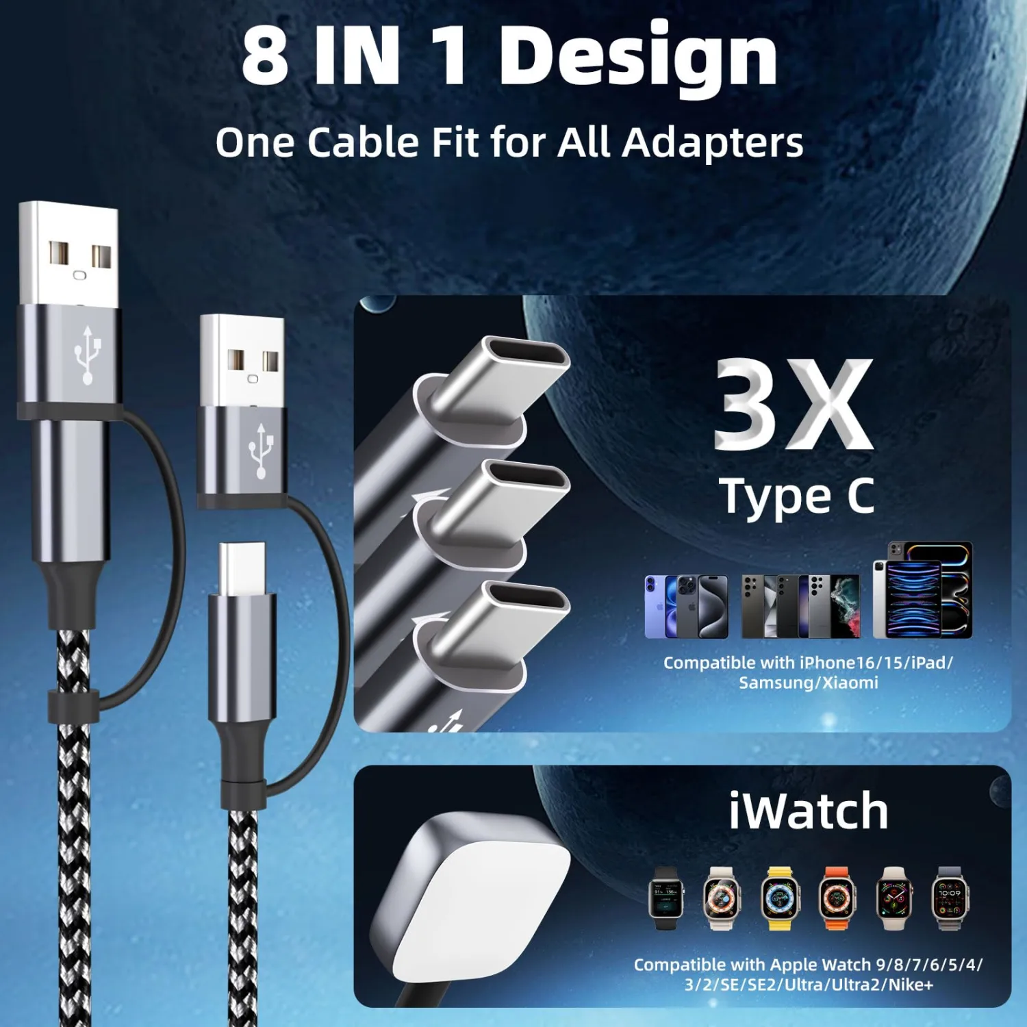 4 in 2 Charging Cable for Phone Watch Charger with 3 Type-C Ports, Travel Essentials USB C Splitter Multi Charging Cable/Cord for iWatch Ultra/SE/11-1, iPhone17 16 15 14, Android, More -1Pack 5FT