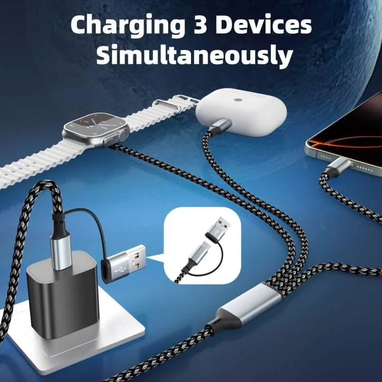 3 in 2 USB A/USB C Cable for Watch Charger, Multi Charging Cable iPhoe Charger Cord, Travel Charger for Multiple Devices Compatible with iWatch Ultra/SE/11-2, iPhone17-6, Pad, Android-5FT