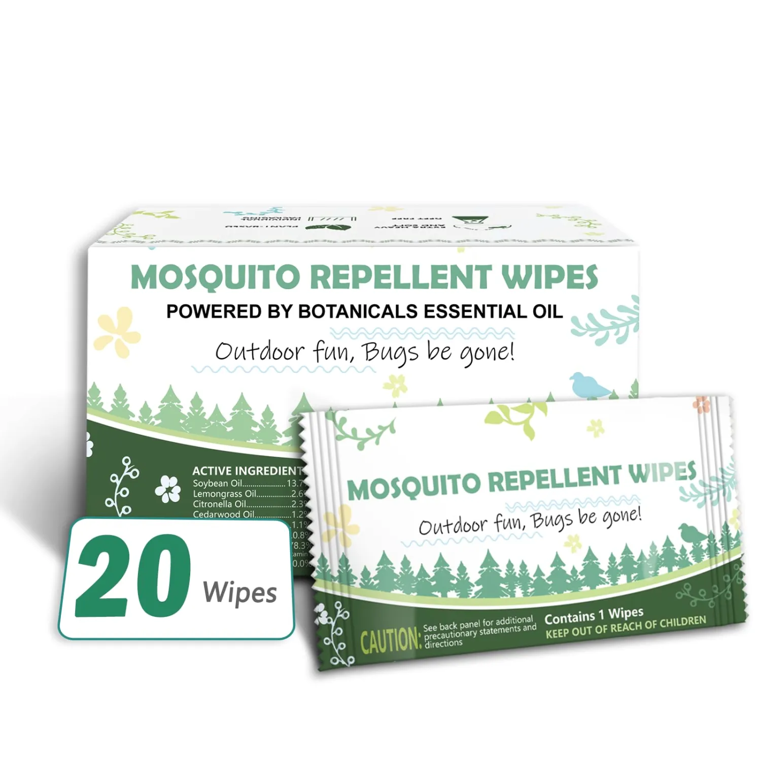 Natural Mosquito Repellent Wipes, DEET Free Insect & Bug Repellent Wipes, Easy to Use, Long Lasting, Travel Sized, 20 Packs