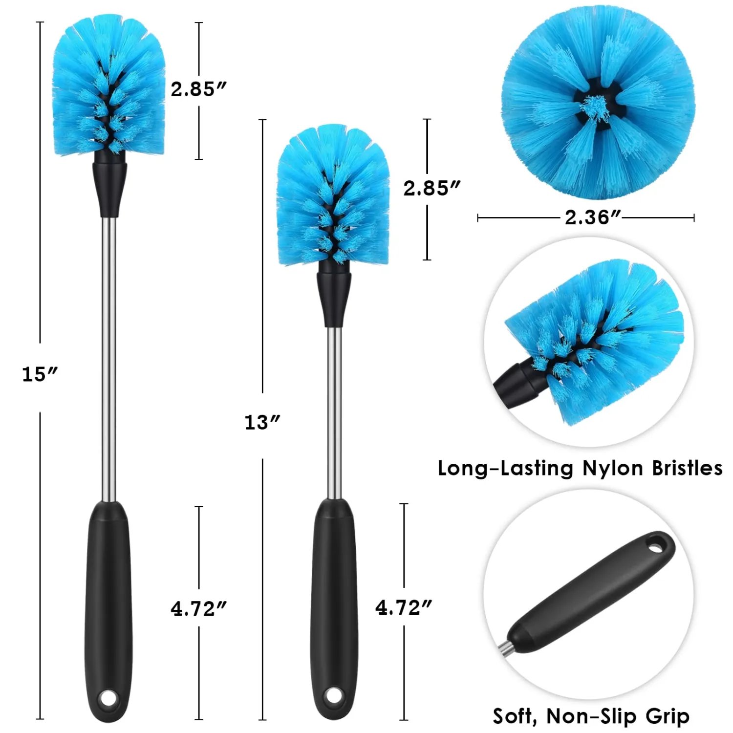Stainless Steel Water Bottle Brush, Long Handle Scrubbing Brush, Built for Cleaning Sports Bottles, Baby Bottles, Cups, Coffee Mugs, Glasswares, Wine Decanters, Flask, 2 Pack, 13 in
