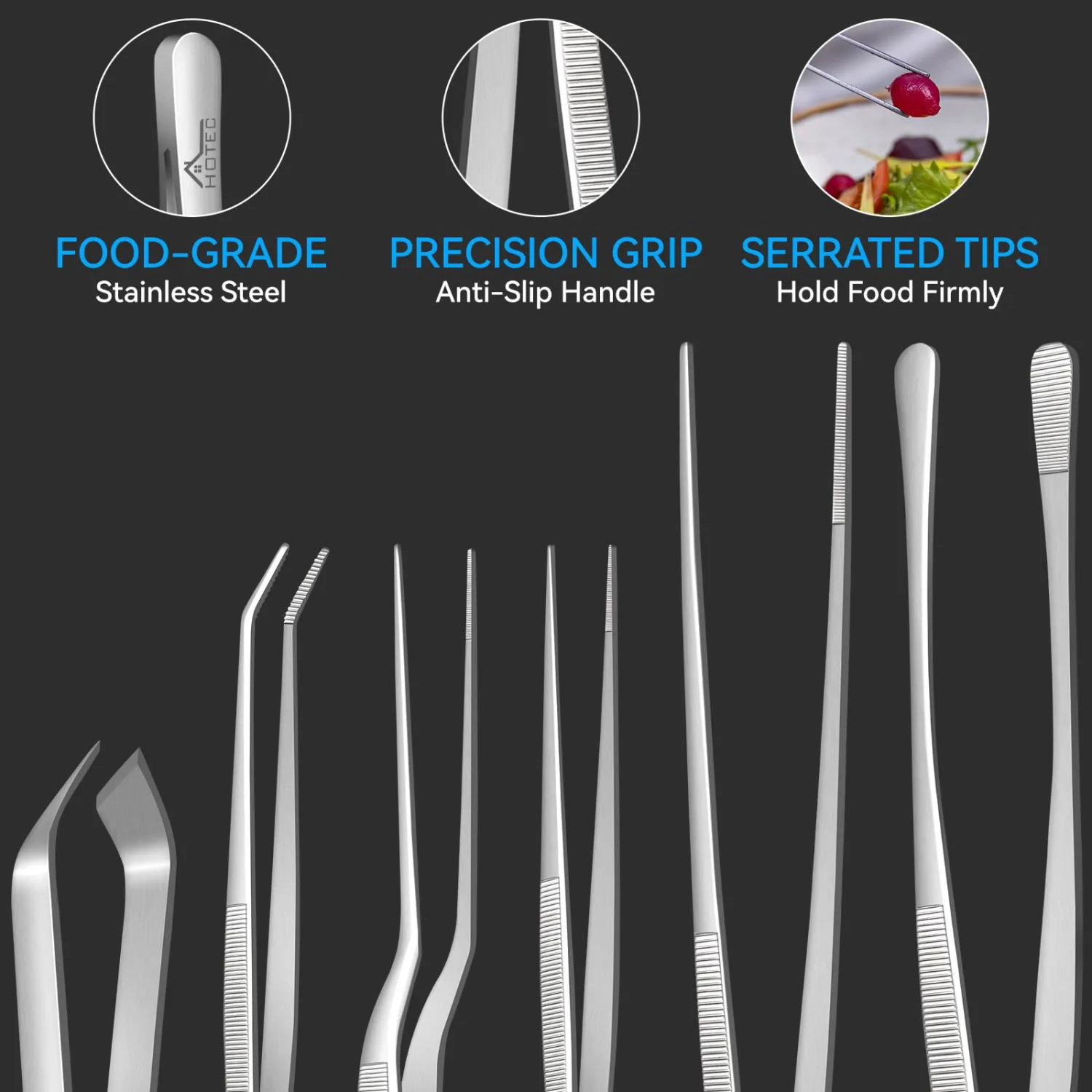 HOTEC Kitchen Tweezers Tongs Stainless Steel, Set of 6 - Professional Cooking Tweezers for Cooking, Chefs, BBQ, Seafood, Baking & Repair