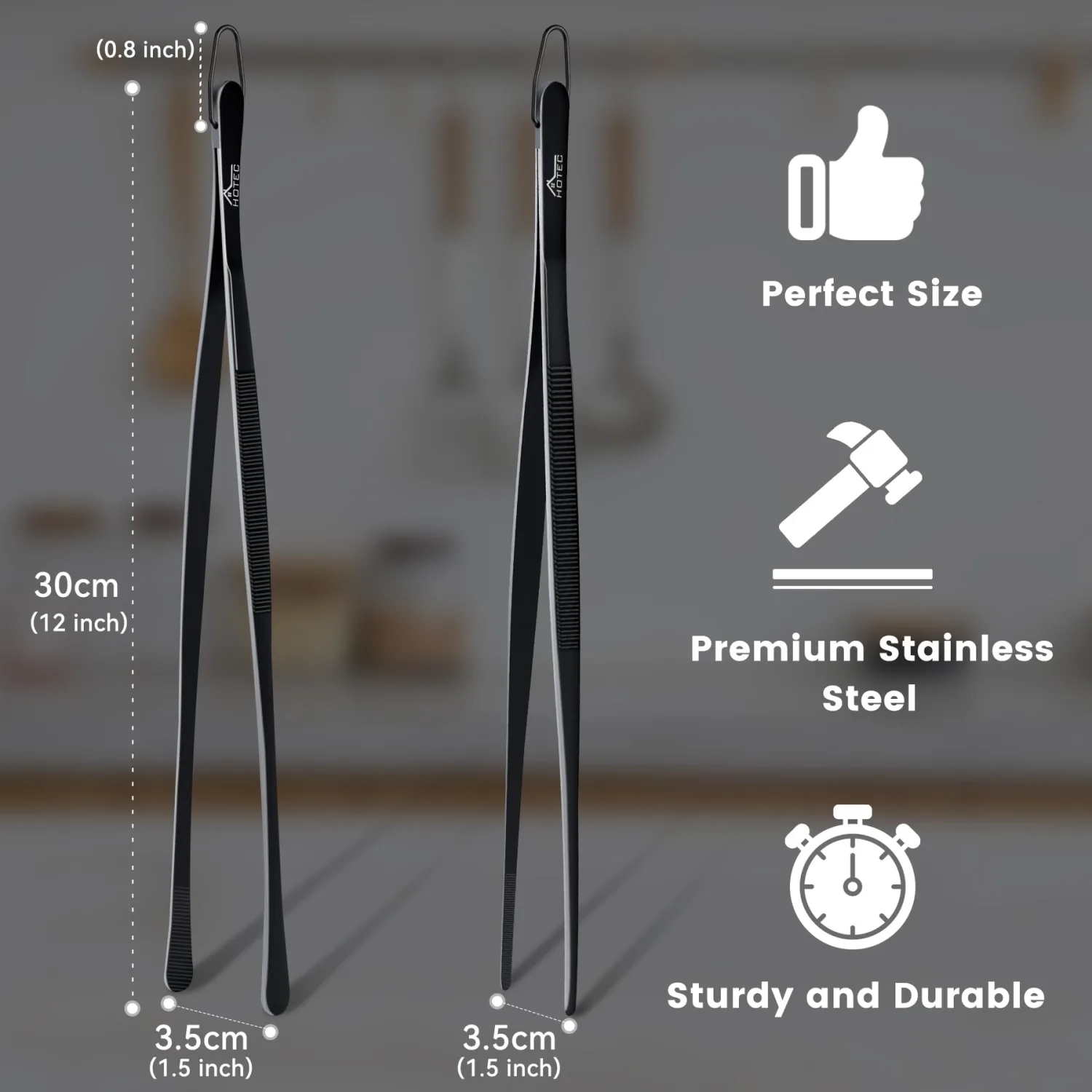 HOTEC Kitchen Tweezers Tongs Stainless Steel Professional Chef Tweezers, Set of 2-12inch Extra-Long Food Tongs for Cooking,Grill and Baking