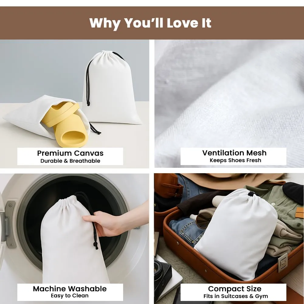 LFH Cotton Rich Shoe Storage Bags with Drawstring, Dustproof Breathable Reusable Organizer, Perfect For Travel, Dorm, Hotel, College, Gym, Easy to Carry, Machine Washable 12"x17" (Pack of 2) - White
