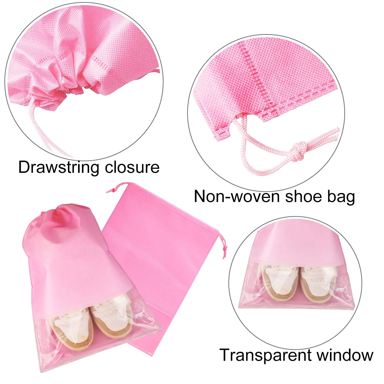 6 Pcs Travel Shoe Bags, ULIFEMALL Large Non-Woven Drawstring Shoes Storage Bag with Transparent Slot Clear Window Portable Waterproof Dustproof Shoes Pouch Packing Organizer for Men Women, Pink