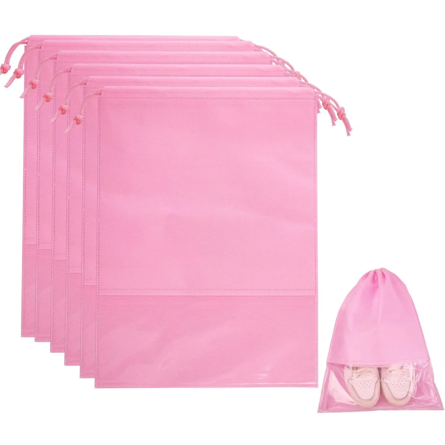 6 Pcs Travel Shoe Bags, ULIFEMALL Large Non-Woven Drawstring Shoes Storage Bag with Transparent Slot Clear Window Portable Waterproof Dustproof Shoes Pouch Packing Organizer for Men Women, Pink