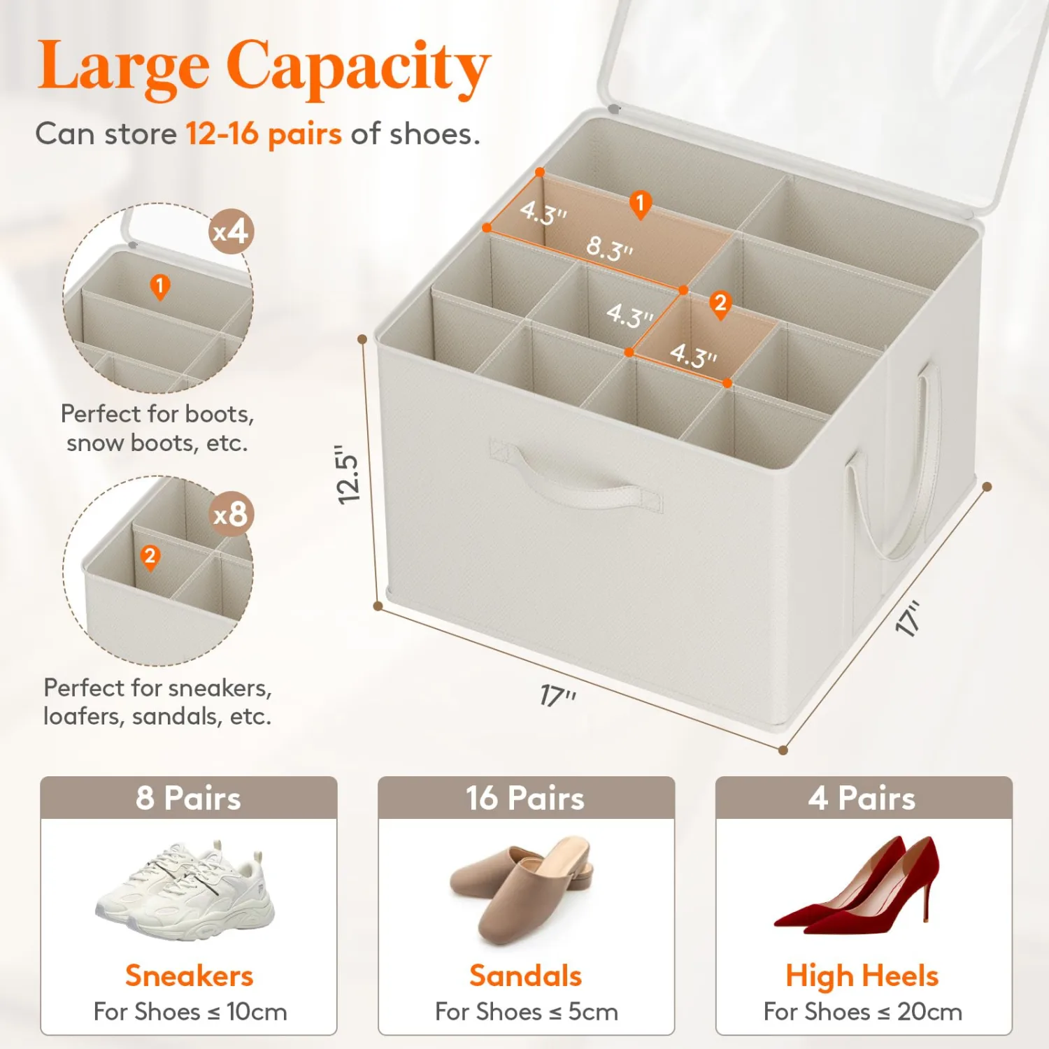 Lifewit Shoe Storage Organizer for Closet, Fabric Large Shoe Box Storage Containers with Clear Cover, Foldable Bins for Boots Heels Sneakers Fits 12-16 Pairs, 1 Pack White