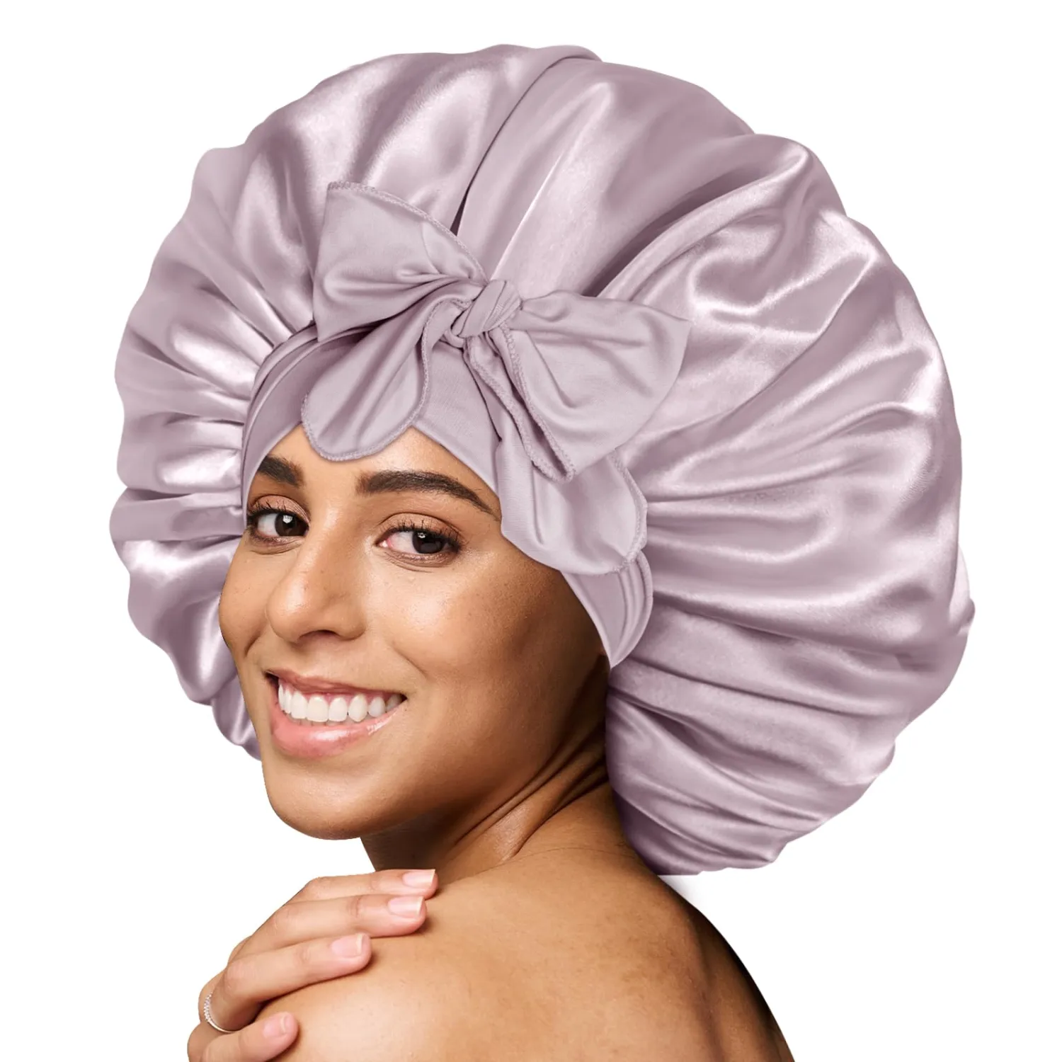 BONNET QUEEN XXL Large Silk Bonnet for Sleeping Women Big Satin Bonnet Night Sleep Cap Wrap for Curly Hai rwith Adjustable Tie Band, Grey Rose Gold