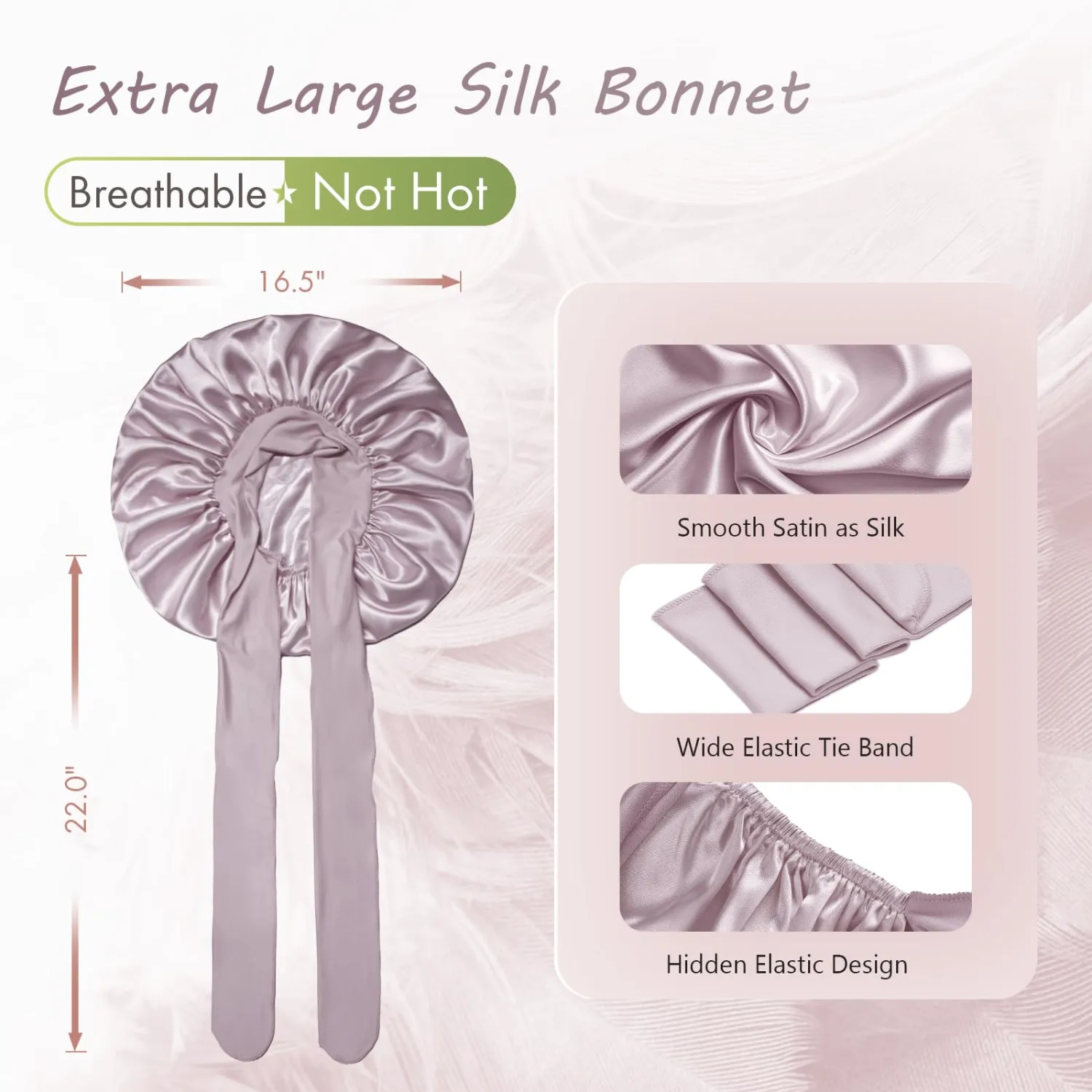 BONNET QUEEN XXL Large Silk Bonnet for Sleeping Women Big Satin Bonnet Night Sleep Cap Wrap for Curly Hai rwith Adjustable Tie Band, Grey Rose Gold