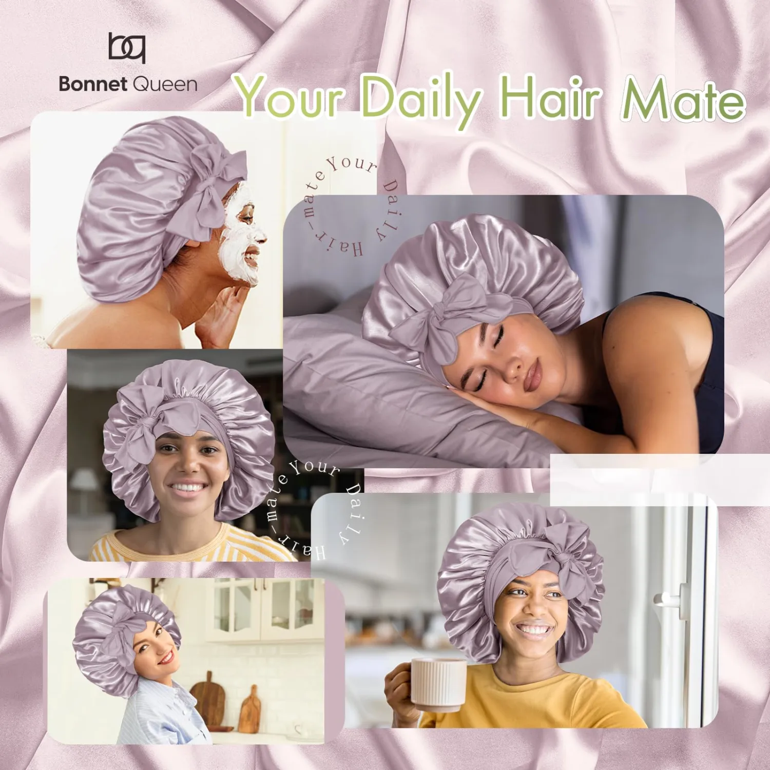 BONNET QUEEN XXL Large Silk Bonnet for Sleeping Women Big Satin Bonnet Night Sleep Cap Wrap for Curly Hai rwith Adjustable Tie Band, Grey Rose Gold