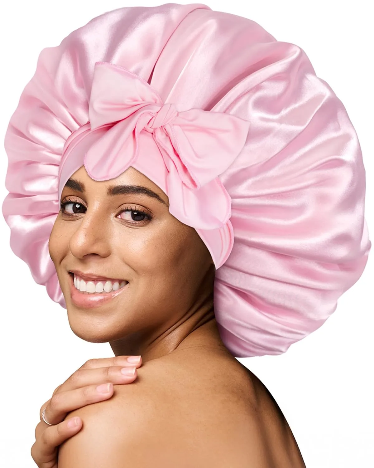 BONNET QUEEN XXL Large Silk Bonnet for Sleeping Women Big Satin Bonnet Night Sleep Cap Wrap for Curly Hai rwith Adjustable Tie Band,Pink