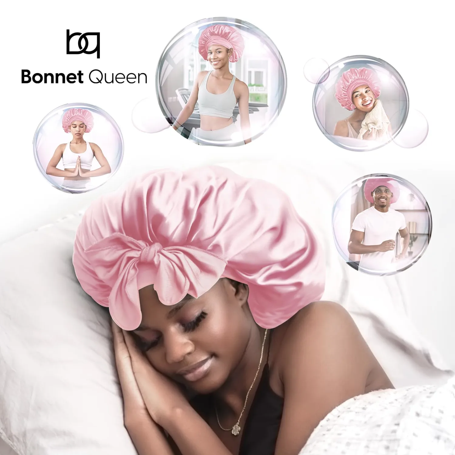 BONNET QUEEN XXL Large Silk Bonnet for Sleeping Women Big Satin Bonnet Night Sleep Cap Wrap for Curly Hai rwith Adjustable Tie Band,Pink
