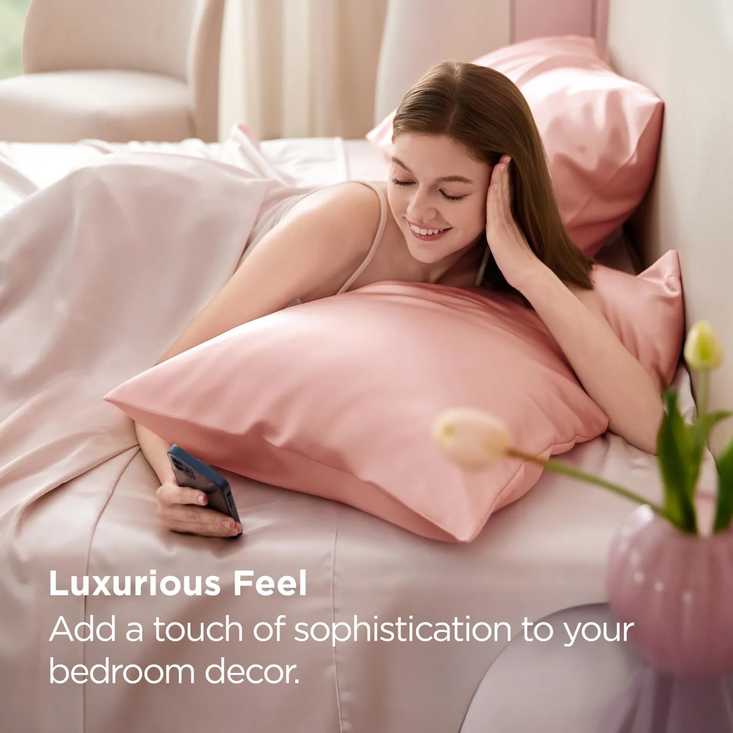 Bedsure Satin Pillowcases, Similar to Silk Pillow Cases Queen Size Set of 2, Pillow Case for Sleeping Women with Envelope Closure, Gifts for Women Men, Peach Pink, 20x30 Inches, 2pcs