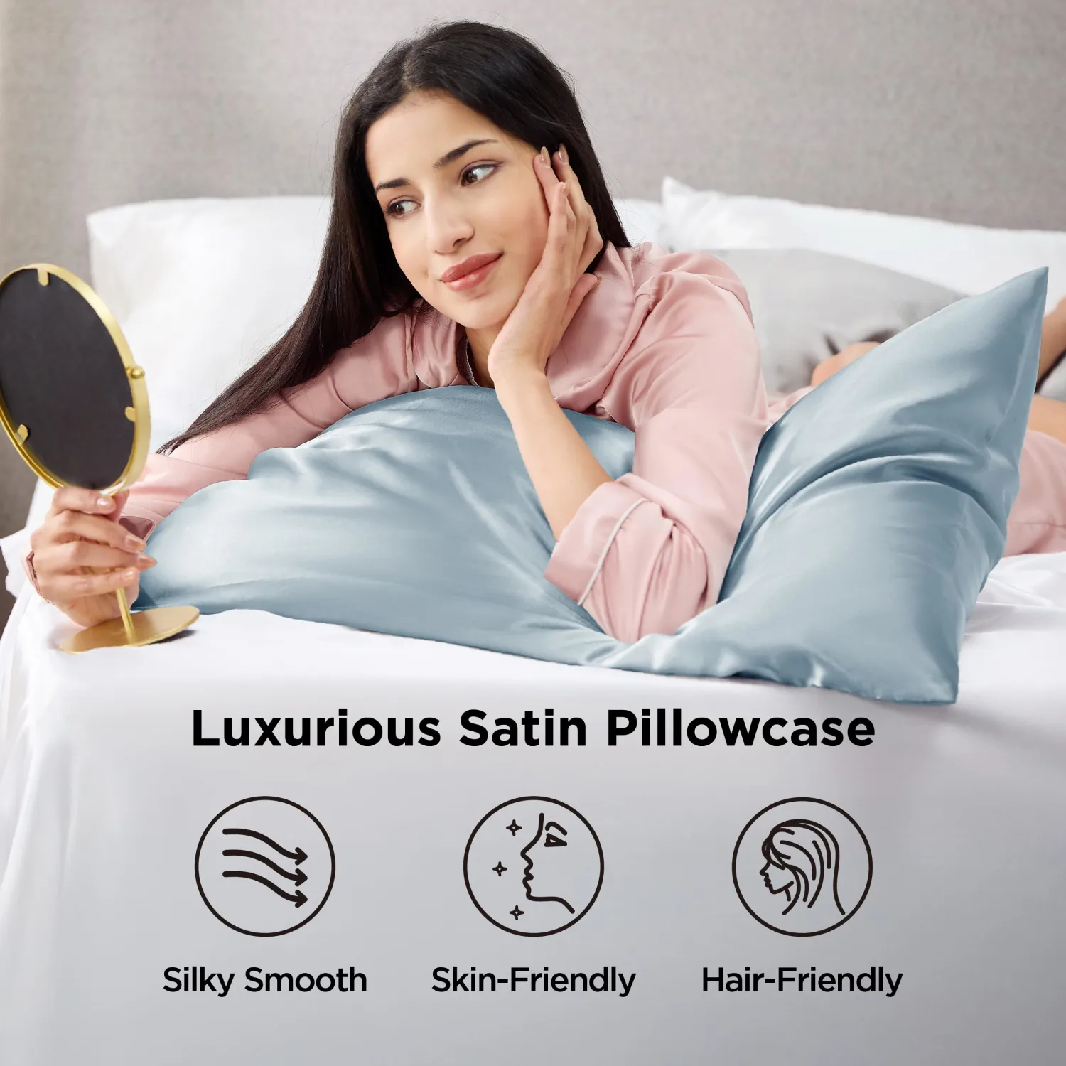 Bedsure Satin Pillowcase 2 Pack Similar to Silk Pillow Cases Standard Size, Pillow Case for Sleeping Women with Envelope Closure, Gifts for Women Men, Stone Blue, 20x26 Inches, 2pcs