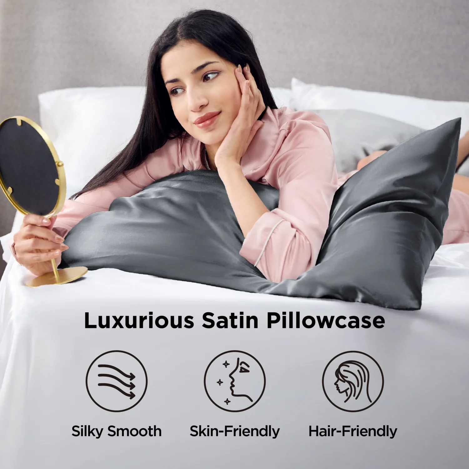 Bedsure Satin Pillowcase 2 Pack Similar to Silk Pillow Cases Standard Size, Pillow Case for Sleeping Women with Envelope Closure, Gifts for Women Men, Space Grey, 20x26 Inches