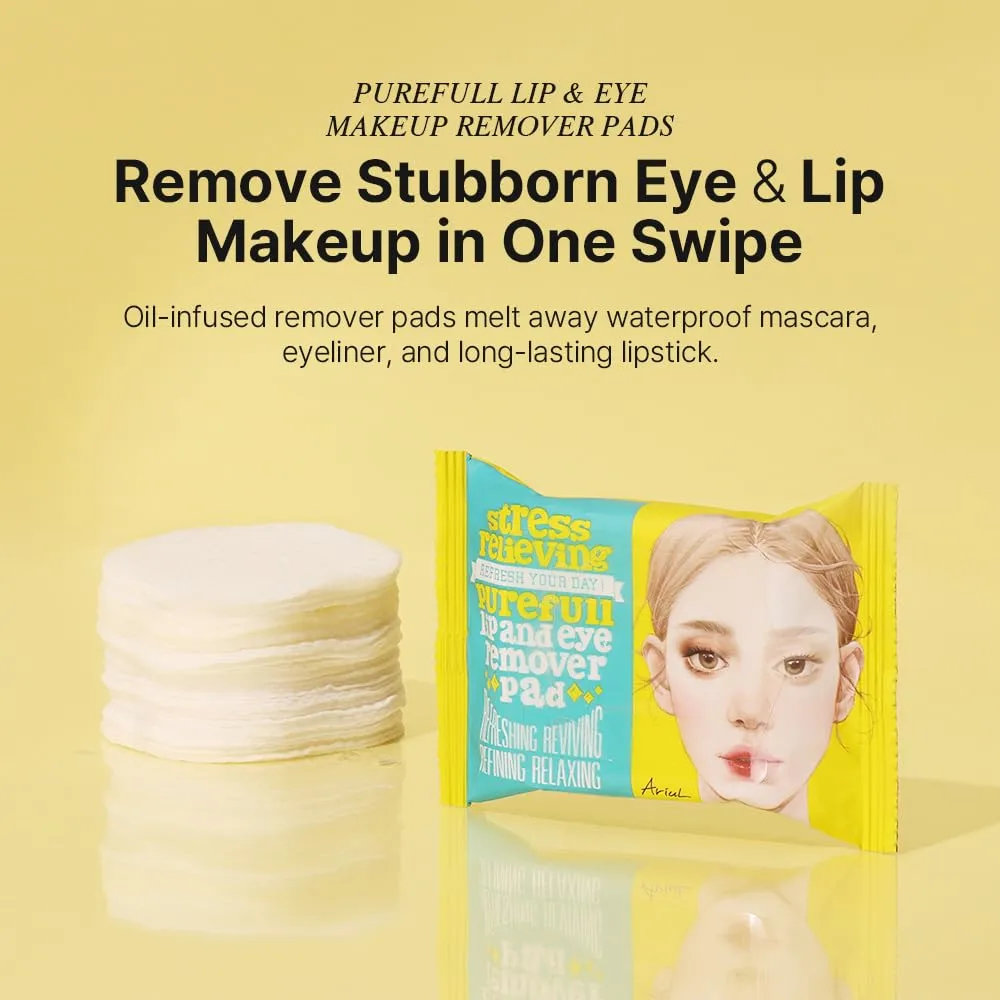 Ariul Purefull Lip & Eye Makeup Remover Pads – Oil-Infused Dual-Sided Pads, Gentle Exfoliation, Travel Friendly Compact Size, Korean Skincare (30 Pads x 3 Pack)