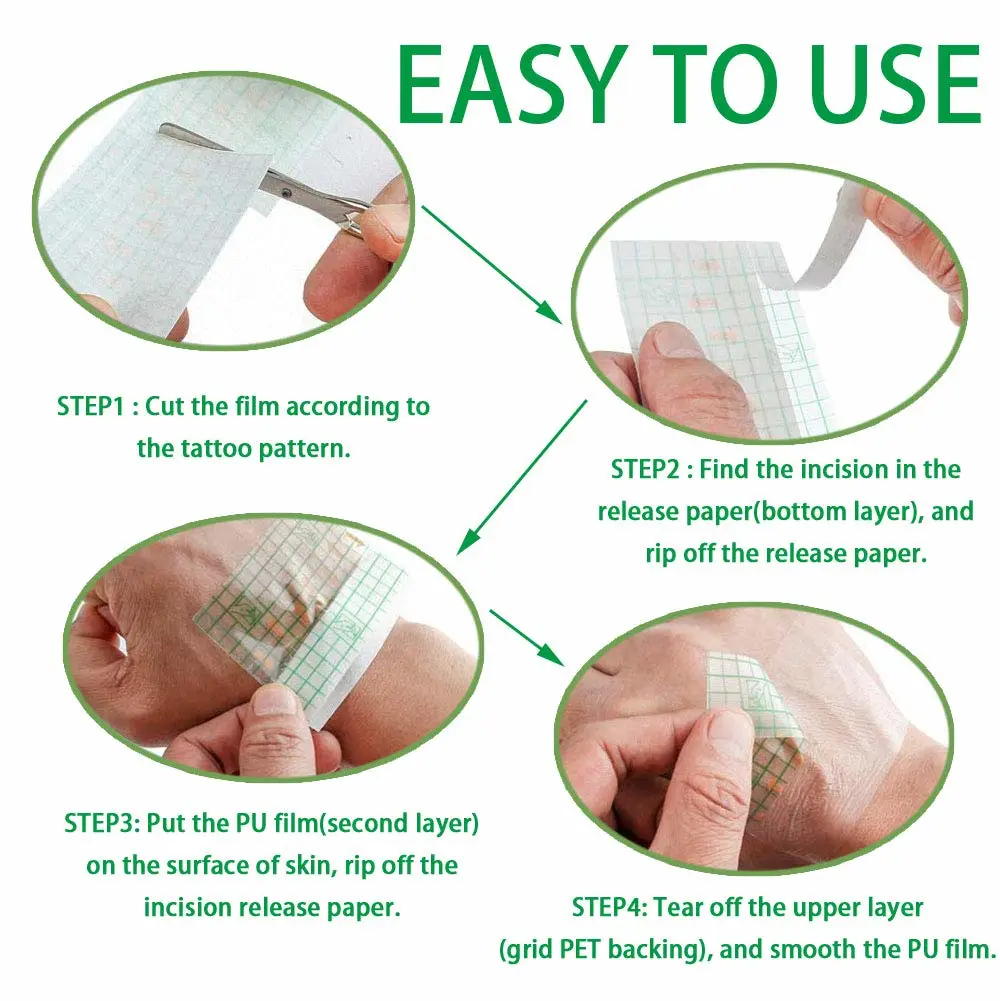 50 Pieces 4 x 4 in Stretch Waterproof Adhesive Bandages Transparent Film for Tattoo Aftercare and Skin Repair Adhesive Tattoo Supply Wrap