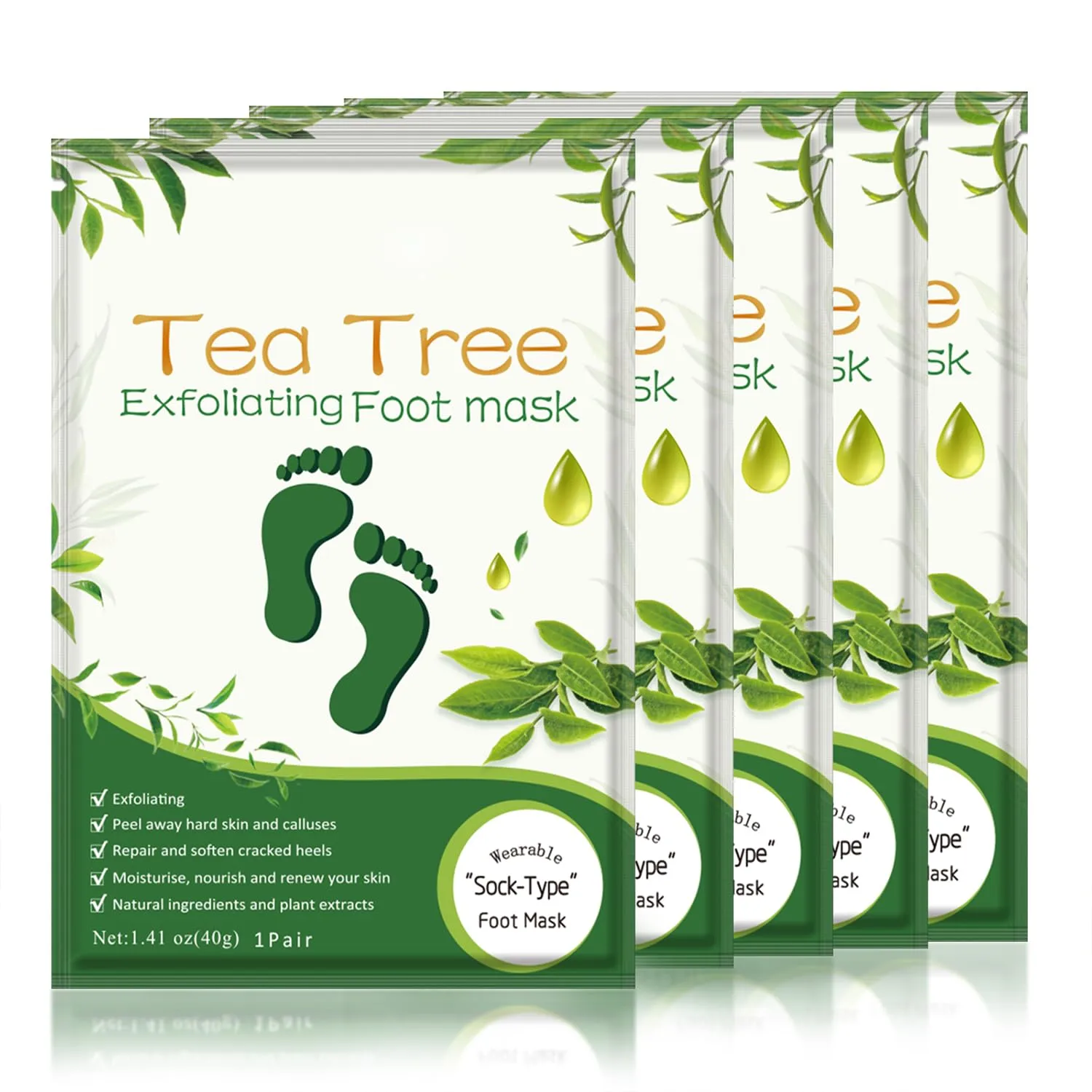 Foot Peeling Mask 5 Pack, Foot Mask Remove Dead Skin, Rough Callus and Cracked Heels, Dry Skin Moisturizer for Soft and Smooth Baby Touch Feet (Tea Tree)