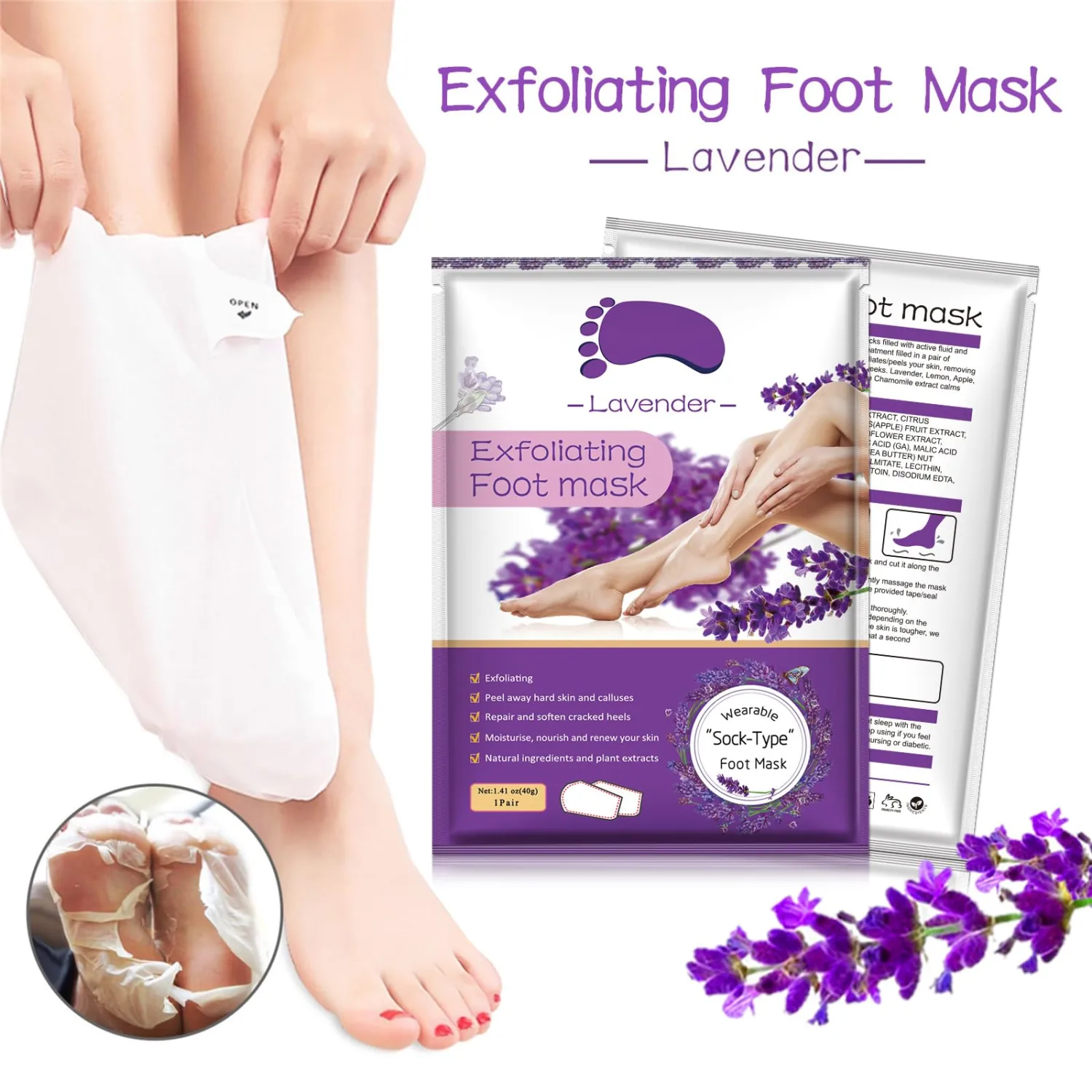 Foot Peeling Mask 5 Pack, Foot Peel Mask Remove Dead Skin, Rough Callus and Cracked Heels, Dry Skin Moisturizer for Soft and Smooth Baby Touch Feet (Lavender)